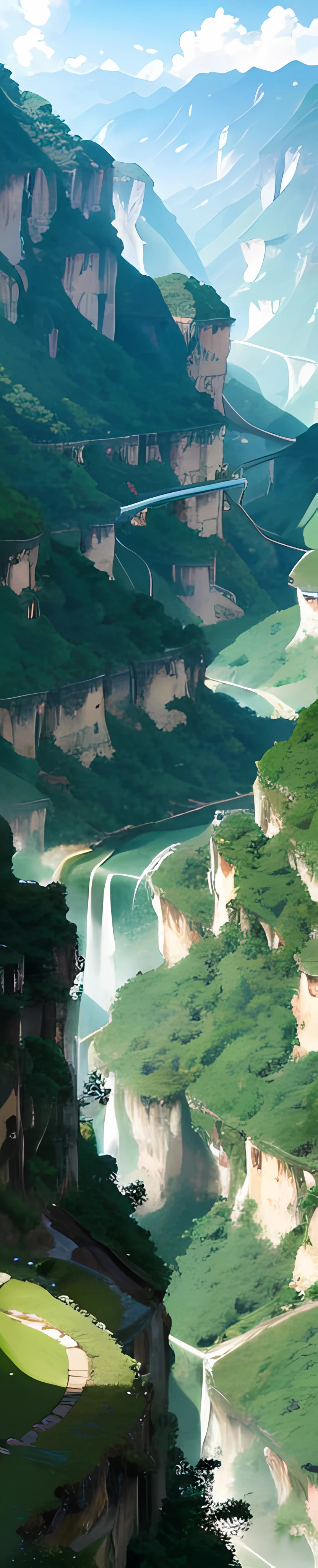 ultra - detailed,moutains,baiyun,canyons,Green Mountains and Green Water,Lawn trail,Villages in the distance,optic,sun light,Delicate,16K