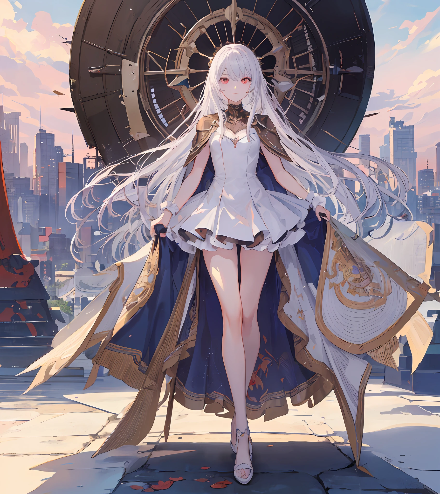 [Eat melons]Low viewing angle,Original,(Masterpiece),(illustration:1.2),(Extremely fine and beautiful),(Perfect details),(((1 Female Giant))),(((giants girl))),Gemstone eyes,Perfect face,Beautiful sky,White hair, Red eyes，devil horns，Light purple dress, Cloak,(view the viewer:1.2),(full body),Realistic,(Detal Face:1.2),Breasts,{{exquisite face}},(Mini small city:1.5)Perfect figure,Shiny skin,Realistic feet,Flawless skin,realistic hand(cleavage:1.2),(exquisite CG),Masterpiece,(Ray tracing)(Beautiful clear 4K background) At the optimal resolution,Realistic light and shadow,and the best image quality ,footprints,废墟