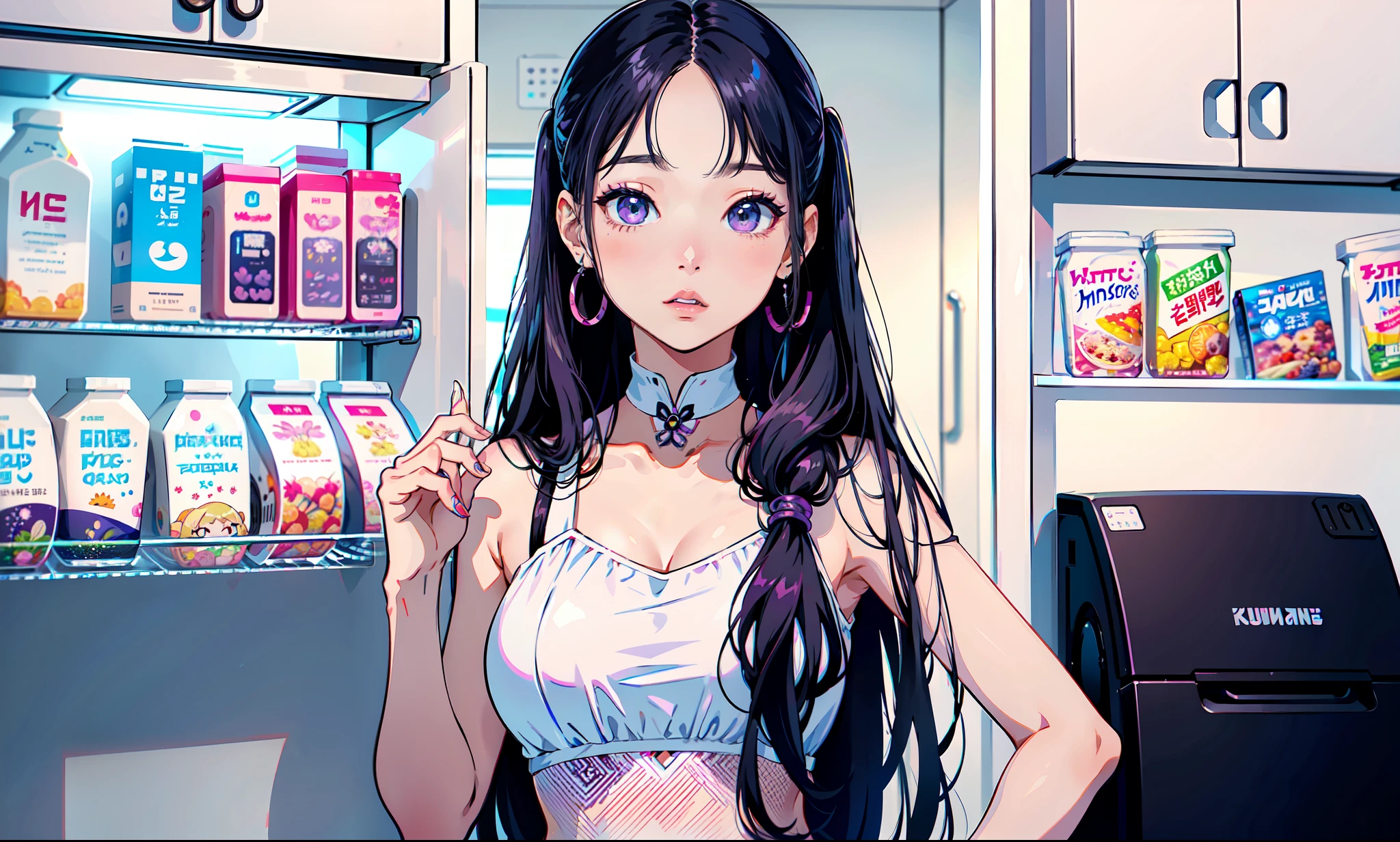 a close up of a woman with long hair standing in front of a refrigerator, blackpink jennie, jossi of blackpink, straight hairstyle, with long hair, portrait of jossi of blackpink, violet long hair, gongbi, sha xi, pigtails hairstyle, jaeyeon nam, taejune kim, the hime cut, roseanne park of blackpink