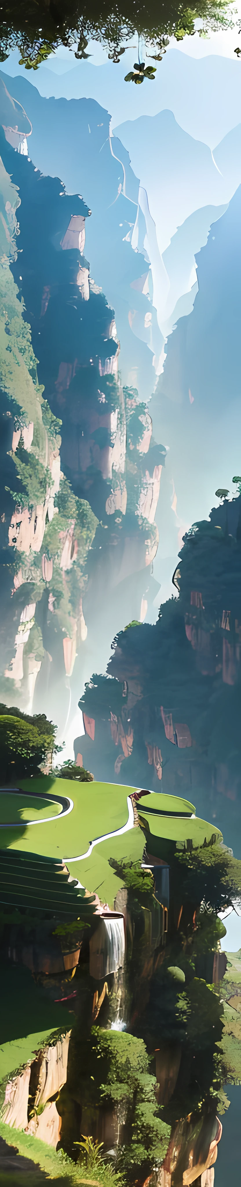 ultra - detailed,moutains,baiyun,canyons,Green Mountains and Green Water,Lawn trail,Villages in the distance,optic,sun light,Delicate,16K