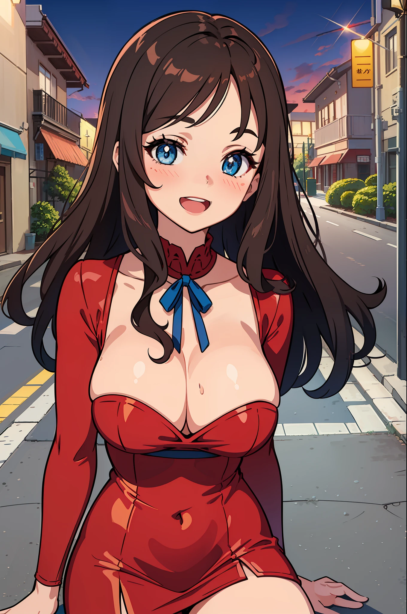 masterpiece, high quality, best quality, beautiful, hd, perfect lighting, detailed face, detailed body, 1 woman, (milf),  solo, (Brown curly long hair), blue eyes, big breasts, ((red mini dress)), (blush), smile, open mouth, (morning), street in the background, sexy pose, (open neckline),