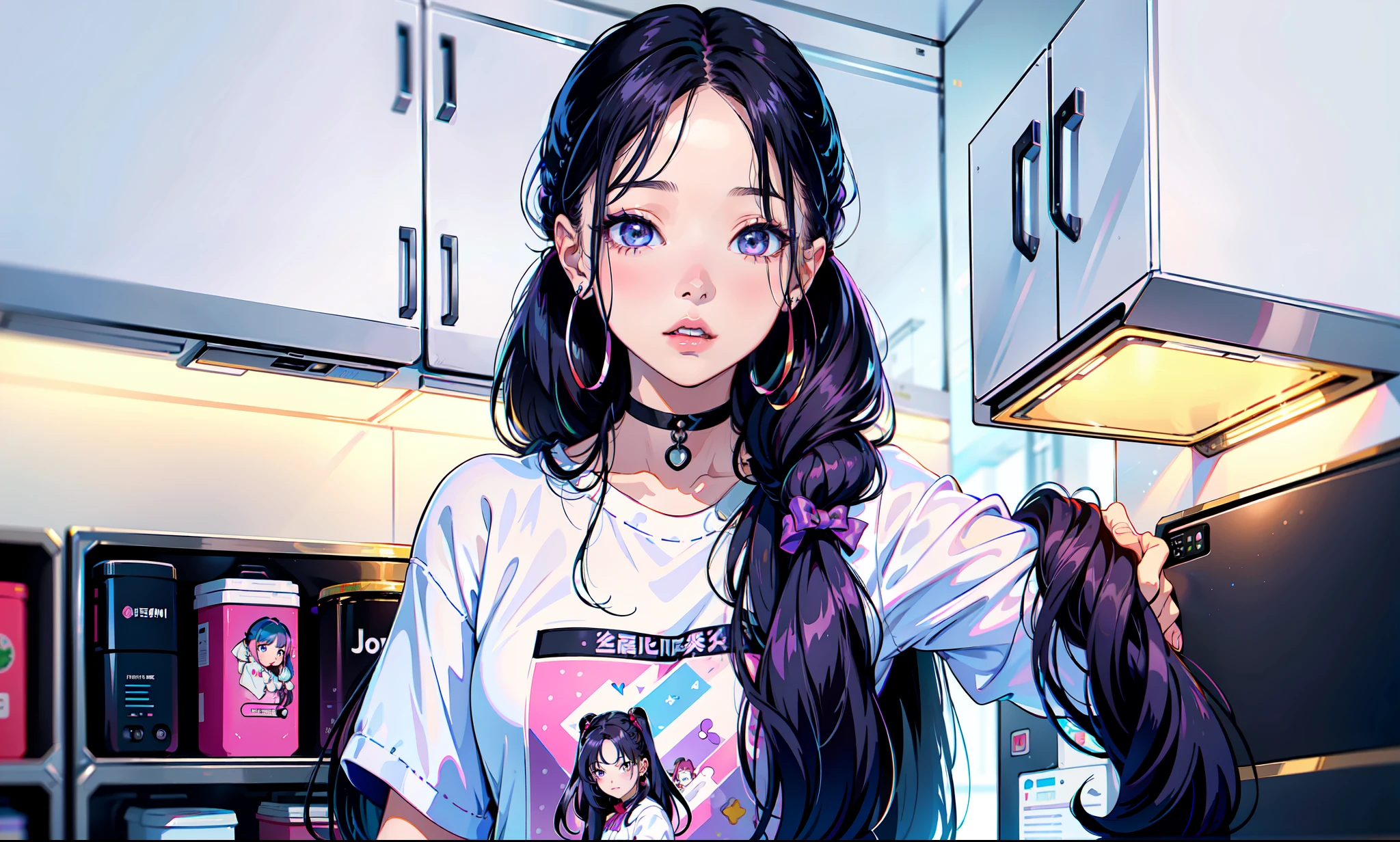 a close up of a woman with long hair standing in front of a refrigerator, blackpink jennie, jossi of blackpink, straight hairstyle, with long hair, portrait of jossi of blackpink, violet long hair, gongbi, sha xi, pigtails hairstyle, jaeyeon nam, taejune kim, the hime cut, roseanne park of blackpink