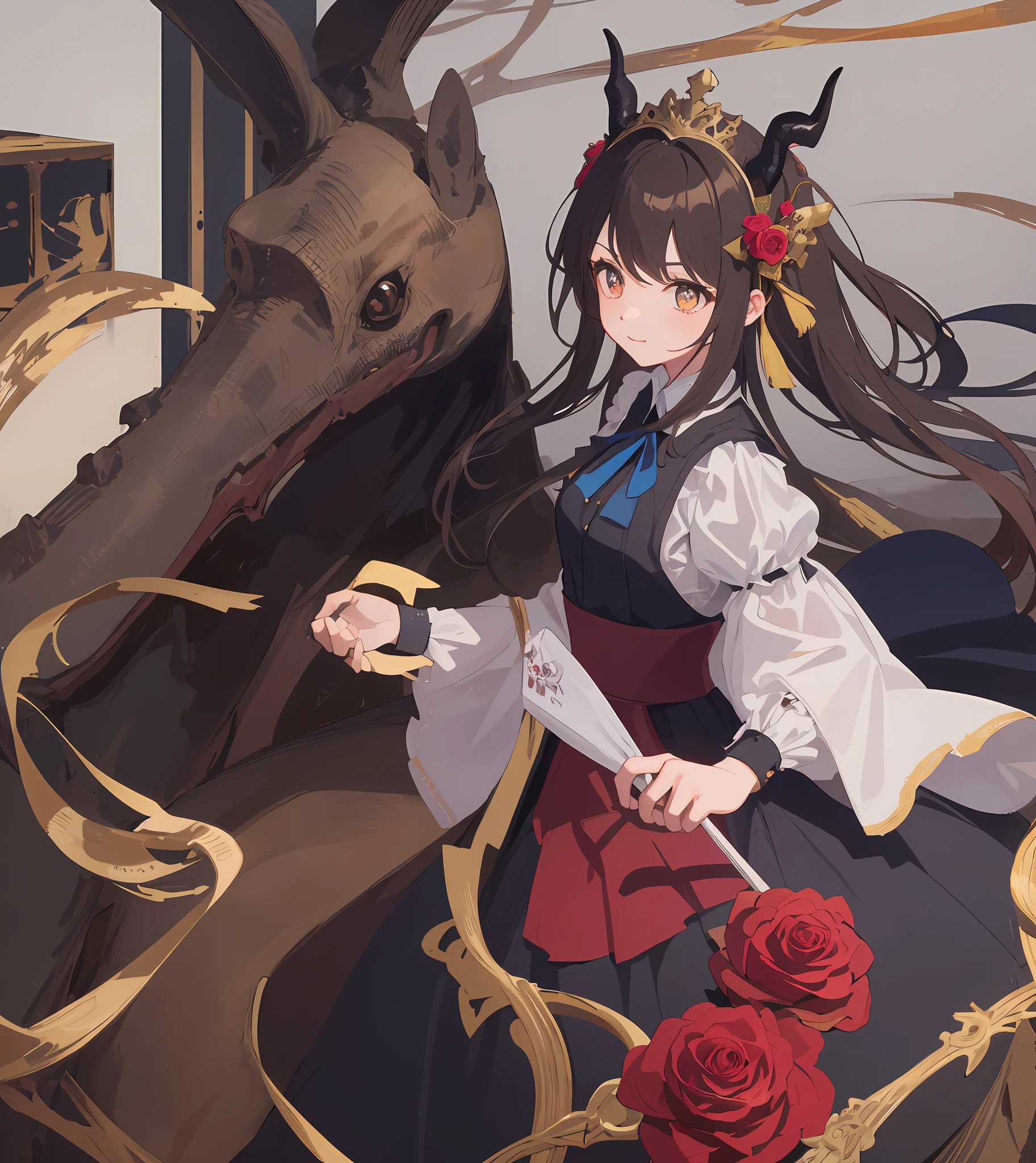 Masterpiece quality，The best quality assurance。A brown hair、Cute girl with golden eyes。She looks very arrogant，Wearing a short Gothic skirt，Exudes magic，With a rose headdress，English-style top，Long hair flutters in the wind，Playful and cute，devil horns