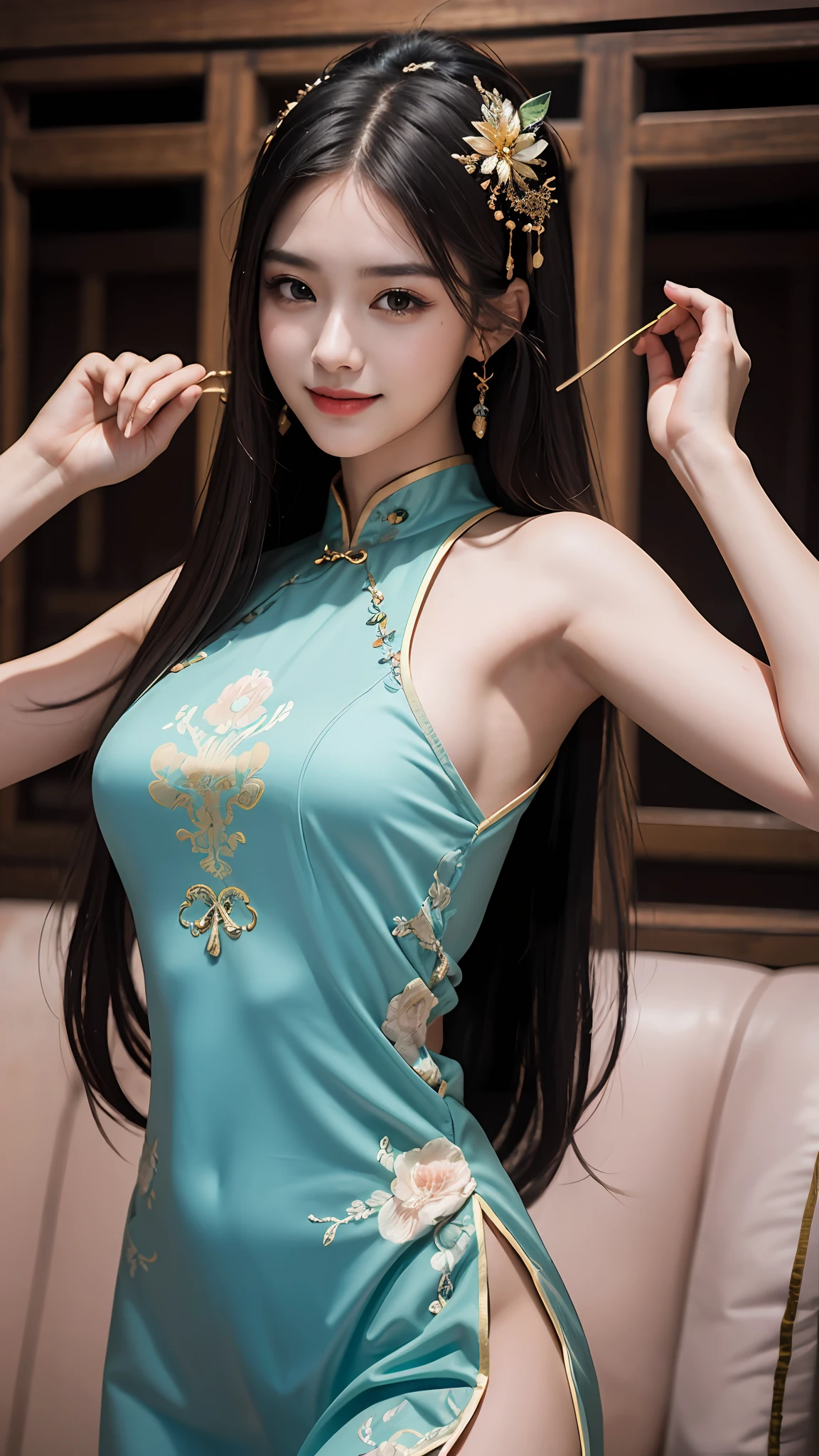 Best quality, masterpiece, ultra high res, photorealistic, (1 girl),(long hair),(hair ornament:1.4),there is an ancient palace beside the girl,chinese clothes, sharp focus, great body, random pose reference, monolid eyes, high bridged pointed nose, v-shaped face, pale skin, smile, bokeh