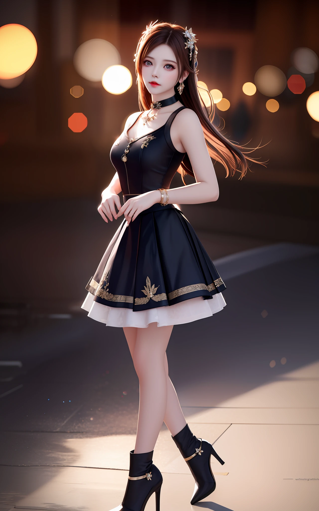 best qualtiy,tmasterpiece,A high resolution,1girl,Porcelain skirt,hair adornments,choker necklace,jewely,beautiful face,Physically,Full body photo,jade foot,high-heels,dingdall effect,realisticlying,dark studio,edge lit,twotonelighting,(highdetailskin:1.2),8k uhd, dslr, softlighting, high high quality, volumettic light, sneak shot, photore, A high resolution, 4k, 8k, Background bokeh