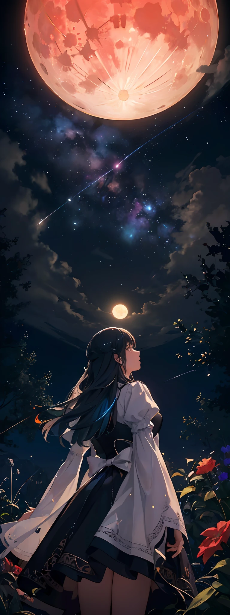 Expansive landscape photograph, (view from below with a view of the sky and wilderness below),  girl standing in a flower field looking up, (full moon: 1.2), (shooting star: 0.9), (nebula: 1.3), distant mountain, tree break production art, (warm light source: 1.2), (firefly: 1.2), lamp, purple and orange, intricate detail, volume lighting, realism break (masterpiece: 1.2) (Best Quality), 4K, Ultra-Detailed, (Dynamic Configuration: 1.4), Highly Detailed and Colorful Details, (Iridescent Colors: 1.2), (Glowing Lighting, Atmospheric Lighting), Dreamy, Magical, (Solo: 1.2)