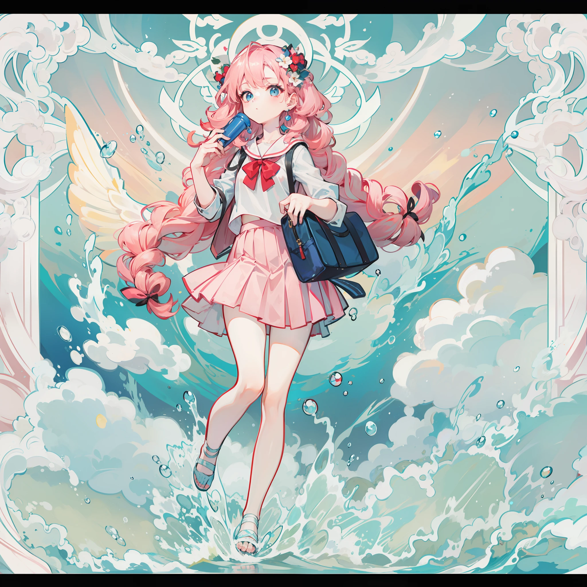 best qualtiy,Need,tmasterpiece,Very detailed,One Little Girl,white long curly hair,pinkskirt,Treading in the water,Warmth,adolable,Screen-centric