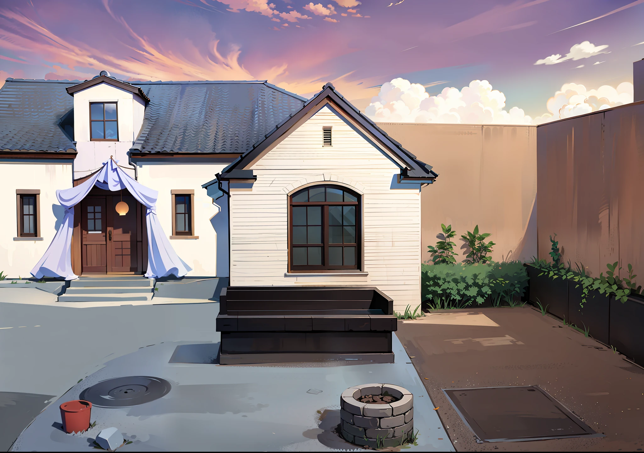 The style was changed to an anime-style backyard with lines,The building is in the style of a Western-style bungalow