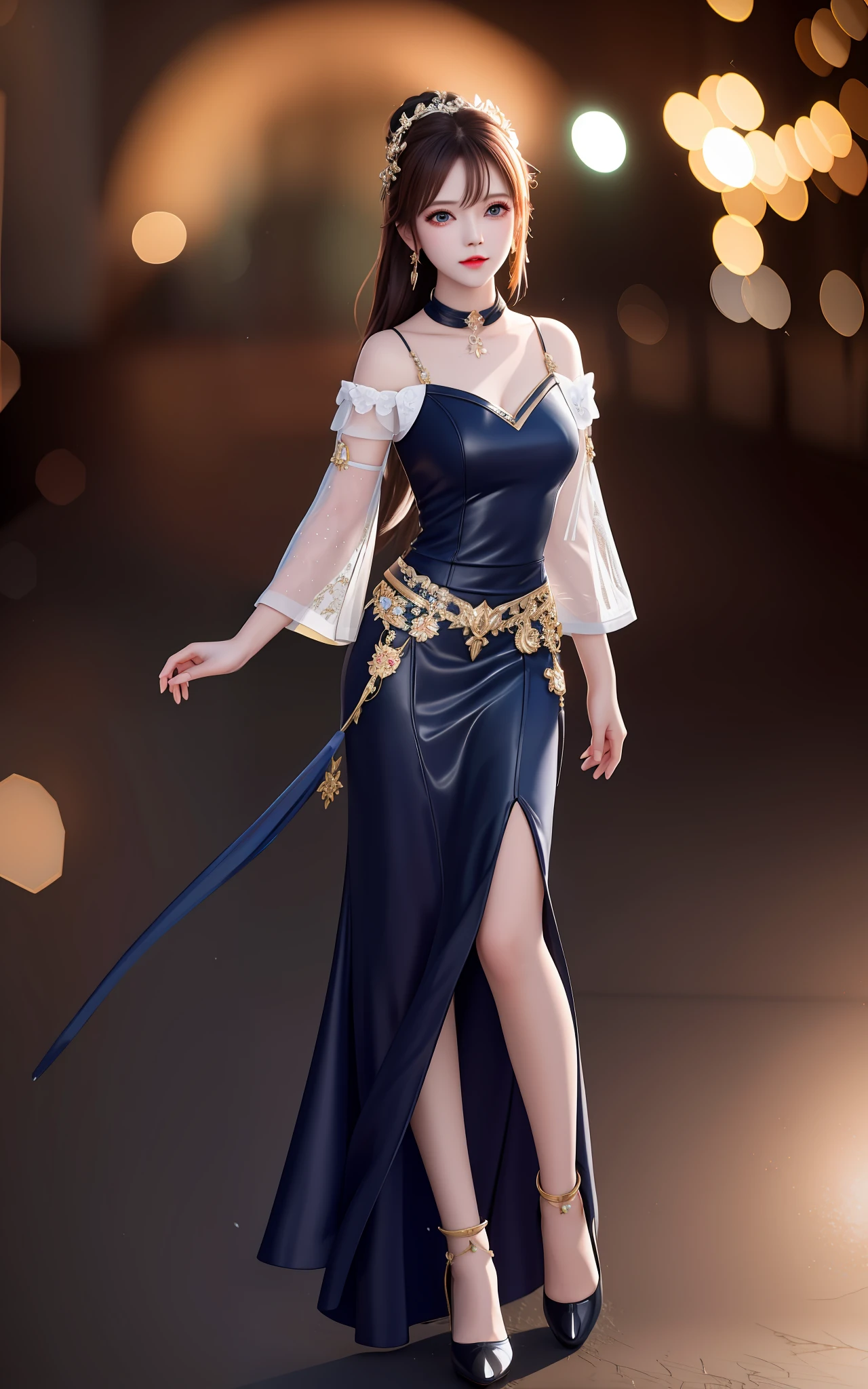 best qualtiy,tmasterpiece,A high resolution,1girl,Porcelain skirt,hair adornments,choker necklace,jewely,beautiful face,Physically,Full body photo,jade foot,high-heels,dingdall effect,realisticlying,dark studio,edge lit,twotonelighting,(highdetailskin:1.2),8k uhd, dslr, softlighting, high high quality, volumettic light, sneak shot, photore, A high resolution, 4k, 8k, Background bokeh