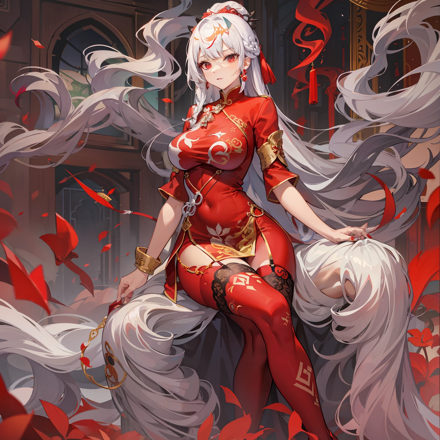 Red cheongsam，Twenty-year-old royal sister with white hair，long braid，Be red in the face，Jumpy，huge tit，Cocked buttocks，On your stomach，ripped apart，black lence stockings，blacksilk