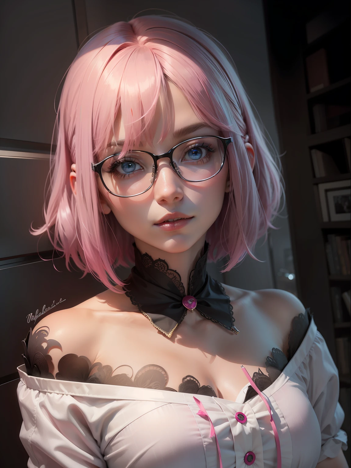 tmasterpiece, Best quality at best, HighestQuali, The best work, Master artist, (Hair over eyes:1.3), (No eyes:1.3), Pink hair, eBlue eyes, Bob cut,wears glasses,exteriors --auto