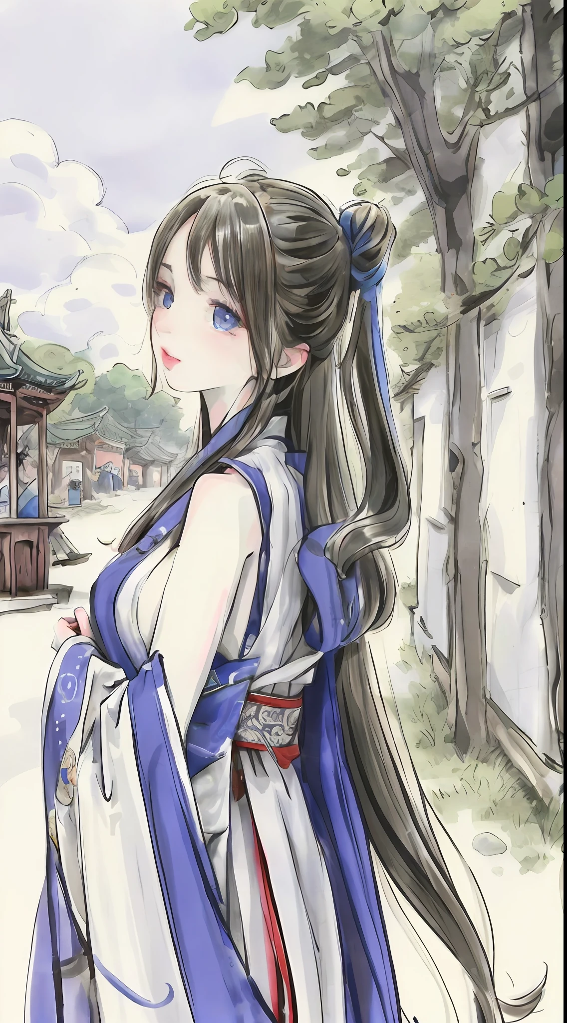 tmasterpiece,best qualtiy,offcial art,8k wallpaper,The is very detailed,illustratio,1个Giant Breast Girl,sky-bluehair,long whitr hair,Detailed eyes,Forrest gump,exposed bare shoulders,Hanfu,Town fairs