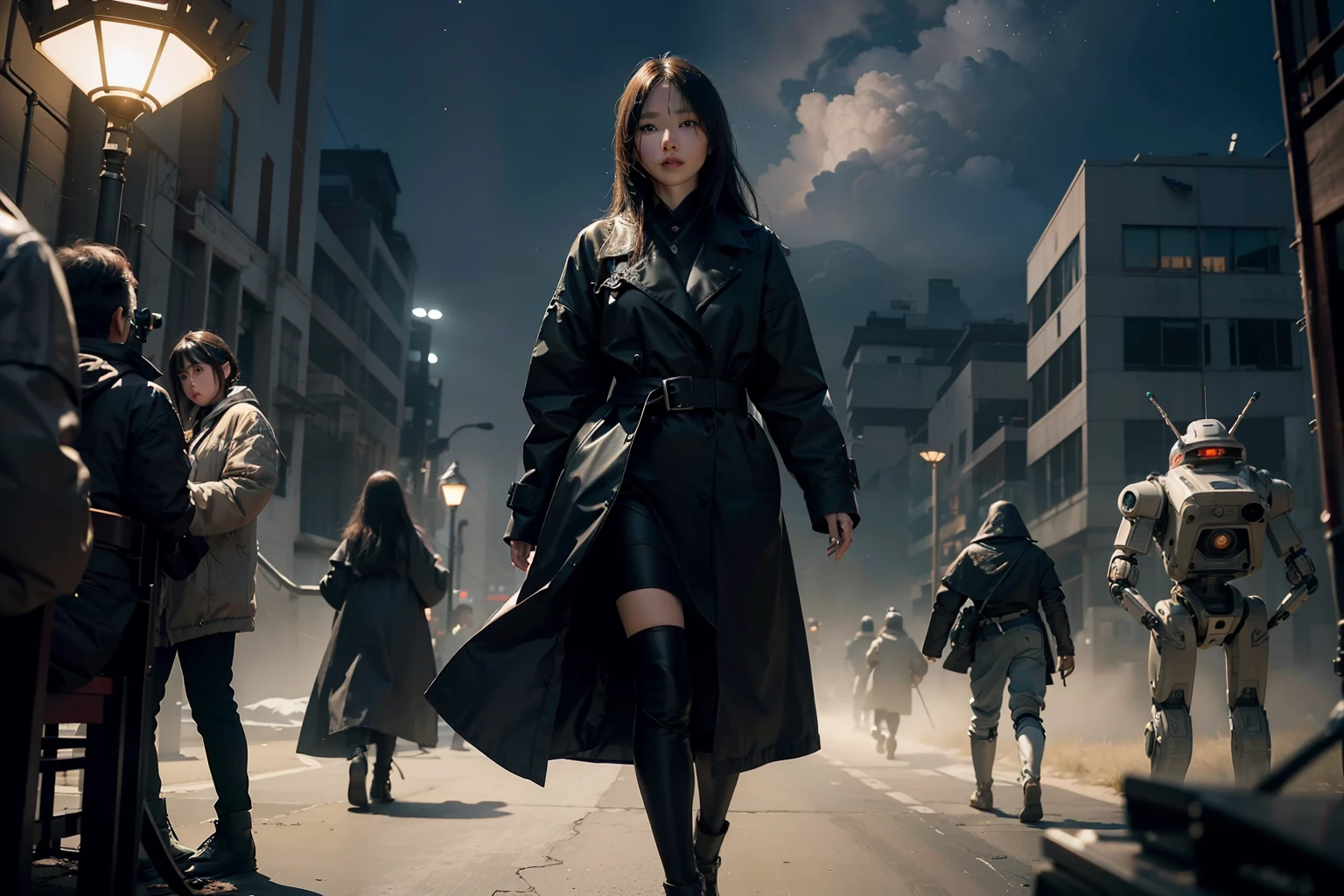 Zhong Fenghua,(RAW photos,best qualtiy),(realisticlying,photograph realistic:1.3),Extremely Delicately Beautiful,astounding,finedetail,tmasterpiece,hyper-detailing,A high resolution,Most Best Illustration,best shadow,复杂,depth of fields,(Dramatic lighting:1.4),(From above:1.2),Clear focus,volume fog,8k UHD,digital SLR camera,high qulity,(filmgrain:1.4),富士XT3,full bodyesbian,A beautiful young woman wearing black trench coat, half human half robot face,((1 robot,1 robot,Mechanical spine))|Monotonous metallic color,Metal has no color,Robots have no color,robot-girl,metallic mixture,cyborg girl)),looking at viewert,facing the front there,Combat posture (electric cables:1.2),(Transfer tubes:1.2),(Machine eye:1.3),((Mechanical part connection)),((both arms)|(Complex mechanical components:1.2~1.6)),((costalis)|(robotjoints:1.2~1.6))、streamlinerai mecha、(lightsabers)、soil、milky_way、starrysky、Eau、((armure))、Eau、wave