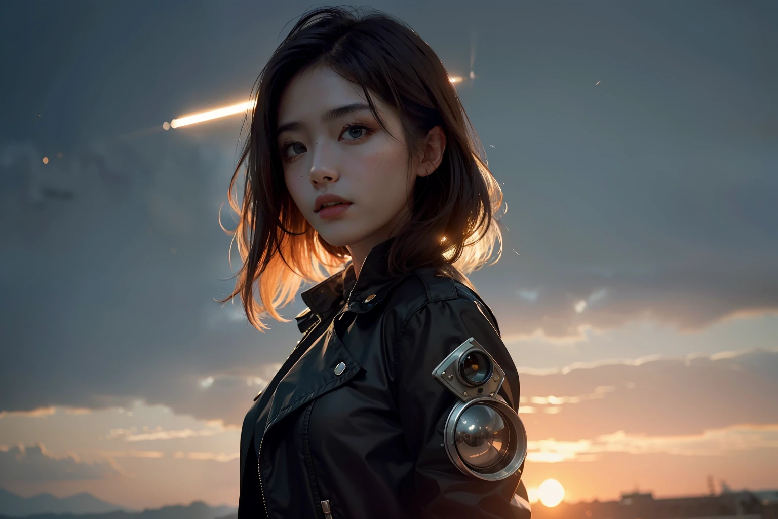 Zhong Fenghua,(RAW photos,best qualtiy),(realisticlying,photograph realistic:1.3),Extremely Delicately Beautiful,astounding,finedetail,tmasterpiece,hyper-detailing,A high resolution,Most Best Illustration,best shadow,复杂,depth of fields,(Dramatic lighting:1.4),(From above:1.2),Clear focus,volume fog,8k UHD,digital SLR camera,high qulity,(filmgrain:1.4),富士XT3,full bodyesbian,A beautiful young woman wearing black trench coat, half human half robot face,((1 robot,1 robot,Mechanical spine))|Monotonous metallic color,Metal has no color,Robots have no color,robot-girl,metallic mixture,cyborg girl)),looking at viewert,facing the front there,Combat posture (electric cables:1.2),(Transfer tubes:1.2),(Machine eye:1.3),((Mechanical part connection)),((both arms)|(Complex mechanical components:1.2~1.6)),((costalis)|(robotjoints:1.2~1.6))、streamlinerai mecha、(lightsabers)、soil、milky_way、starrysky、Eau、((armure))、Eau、wave