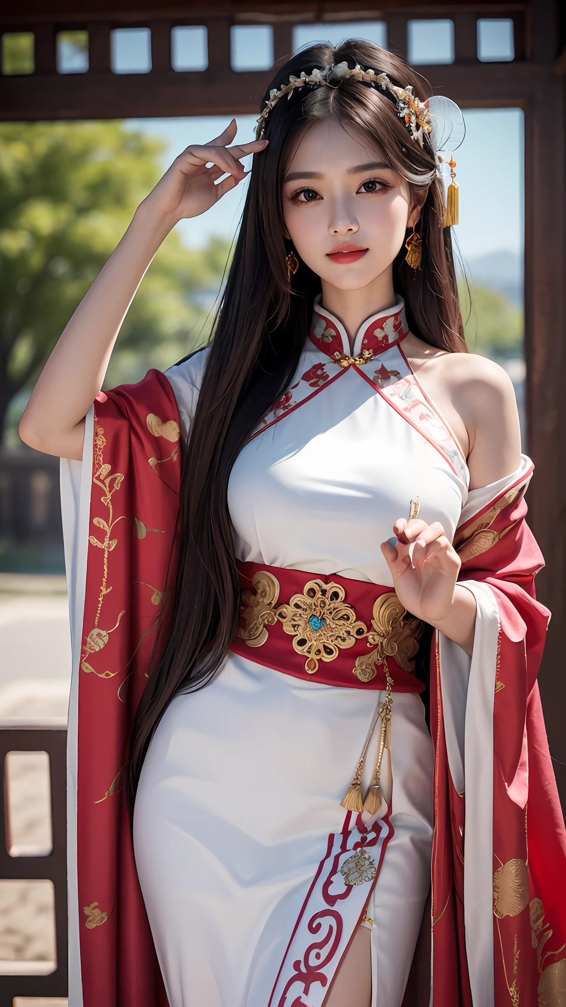 Best quality, masterpiece, ultra high res, photorealistic, (full shot:1.5), (1 girl),(long hair),(hair ornament:1.4),there is an ancient palace beside the girl,chinese clothes, sharp focus, great body, random pose reference, monolid eyes, high bridged pointed nose, v-shaped face, pale skin, smile, bokeh