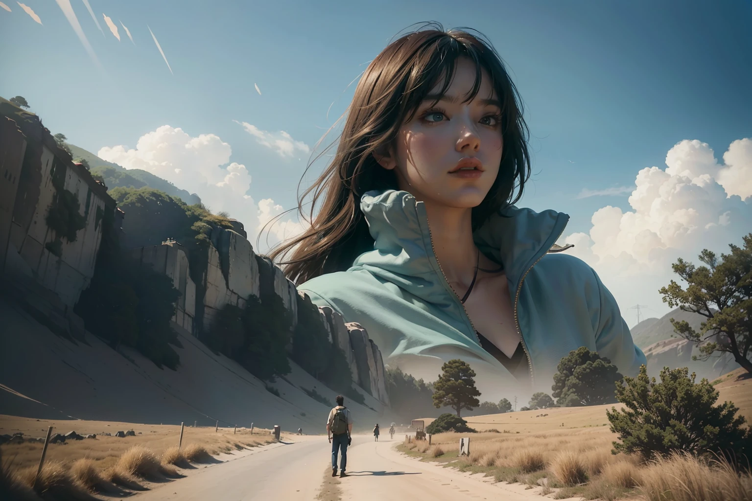 a highly detailed matte painting of a man on a hill watching a giant girl, by makoto shinkai, by artgerm, by wlop, by greg rutkowski, volumetric lighting, octane render, 4k resolution, trending on artstation, masterpiece