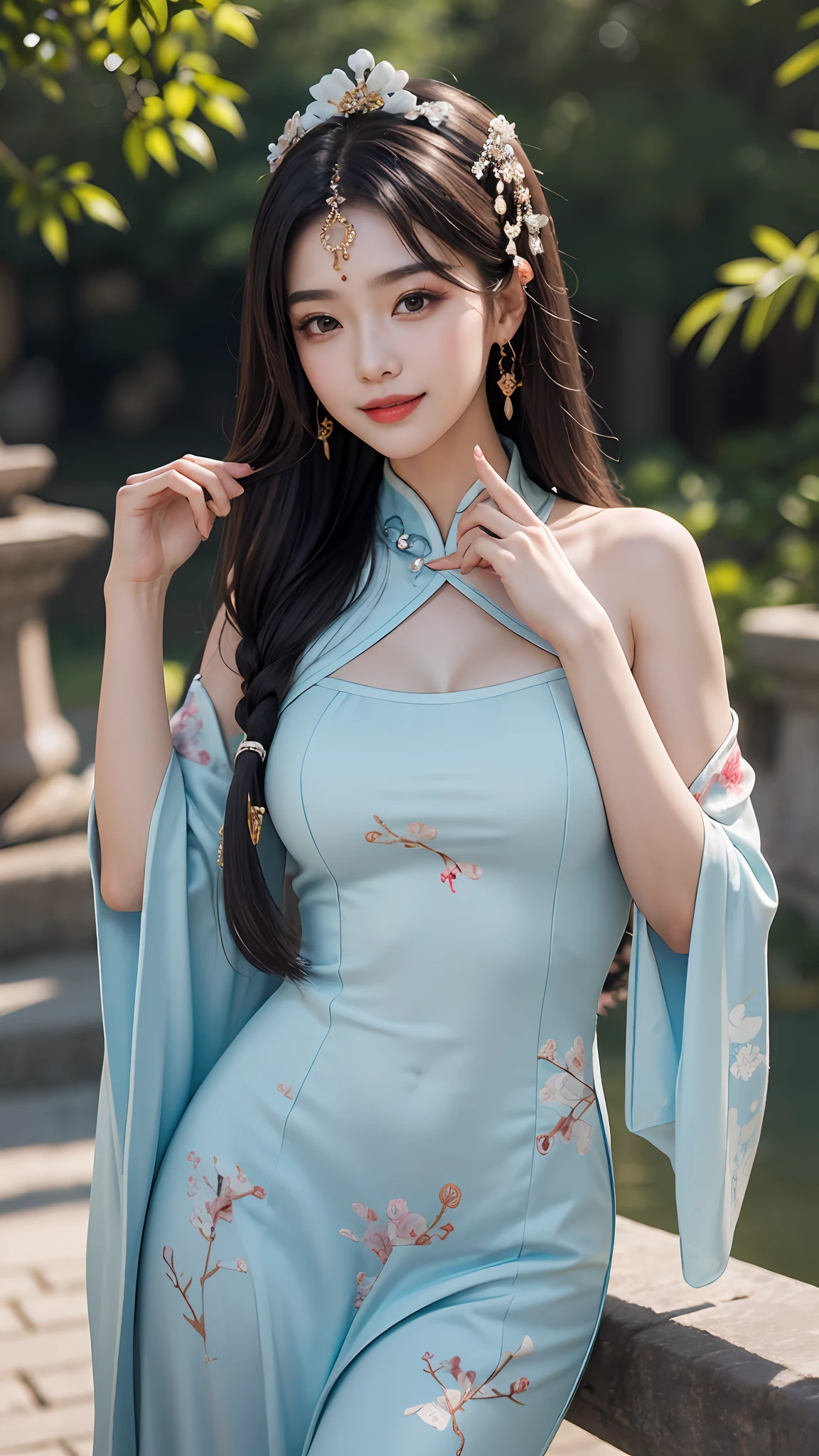 Best quality, masterpiece, ultra high res, photorealistic, (full shot:1.5), (1 girl),(long hair),(hair ornament:1.4),there is an ancient palace beside the girl,chinese clothes, sharp focus, great body, random pose reference, monolid eyes, high bridged pointed nose, v-shaped face, pale skin, smile, bokeh