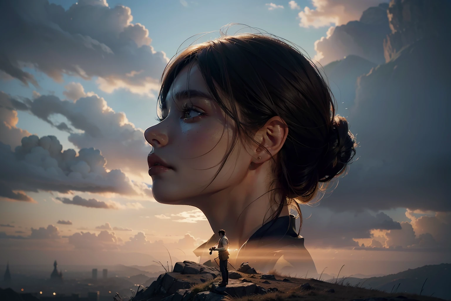 a highly detailed matte painting of a man on a hill watching a giant girl, by makoto shinkai, by artgerm, by wlop, by greg rutkowski, volumetric lighting, octane render, 4k resolution, trending on artstation, masterpiece