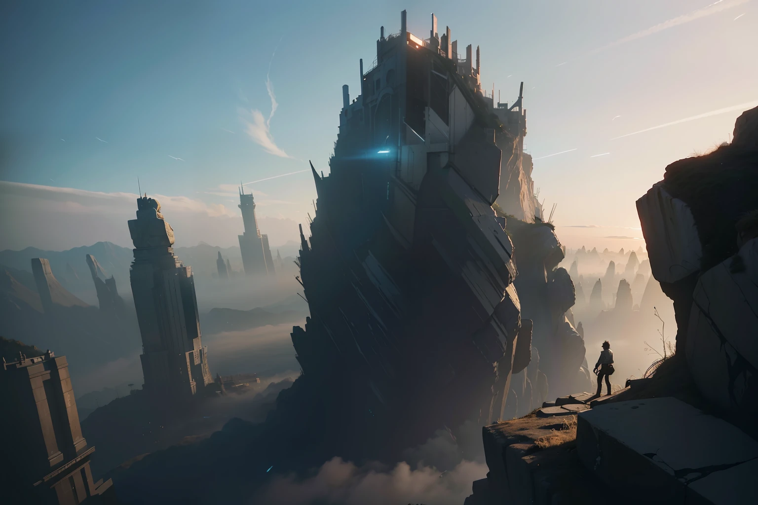 a highly detailed matte painting of a man on a hill watching a giant girl, by makoto shinkai, by artgerm, by wlop, by greg rutkowski, volumetric lighting, octane render, 4k resolution, trending on artstation, masterpiece