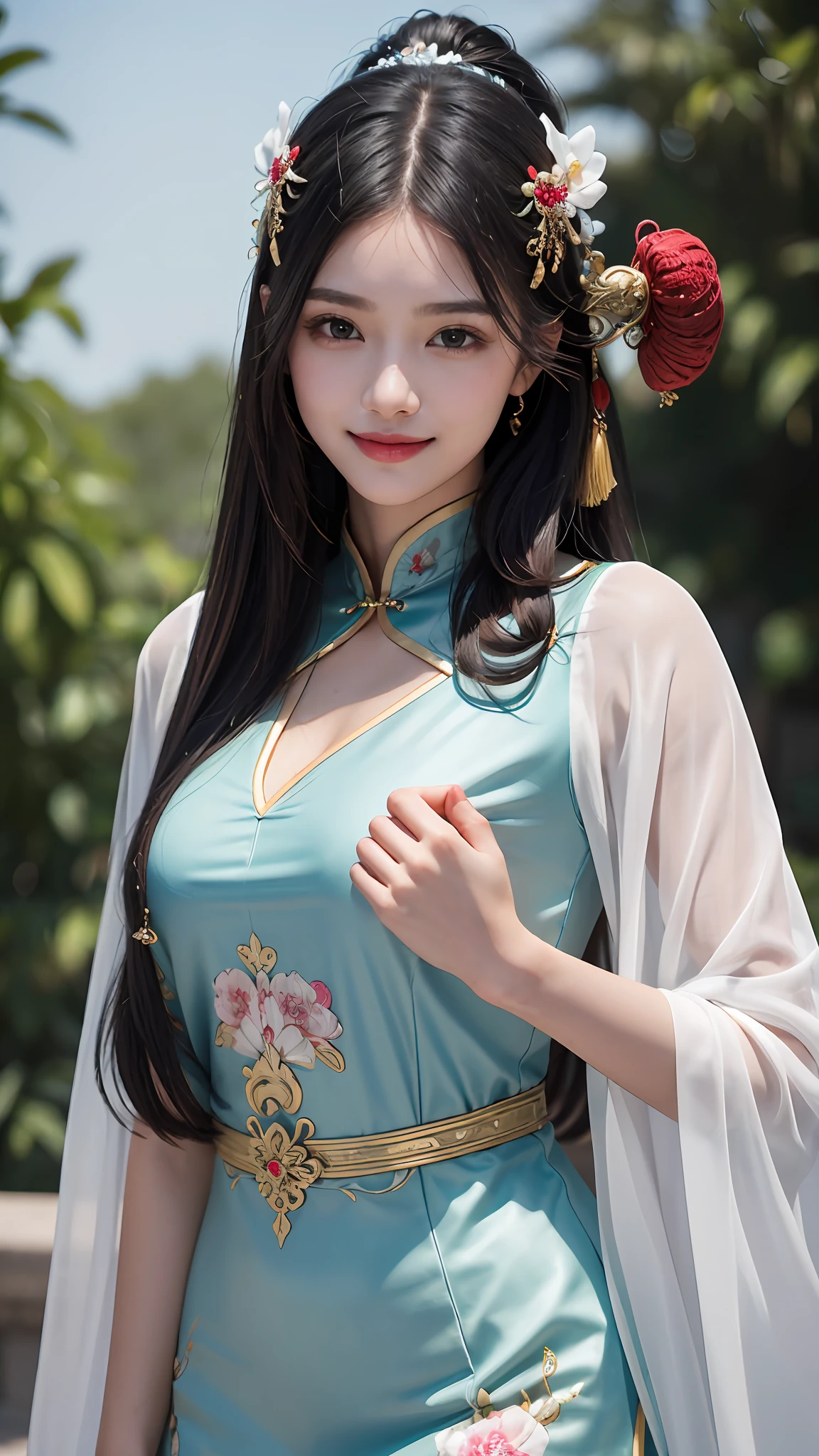 Best quality, masterpiece, ultra high res, photorealistic, (full shot:1.5), (1 girl),(long hair),(hair ornament:1.4),there is an ancient palace beside the girl,chinese clothes, sharp focus, great body, random pose reference, monolid eyes, high bridged pointed nose, v-shaped face, pale skin, smile, bokeh