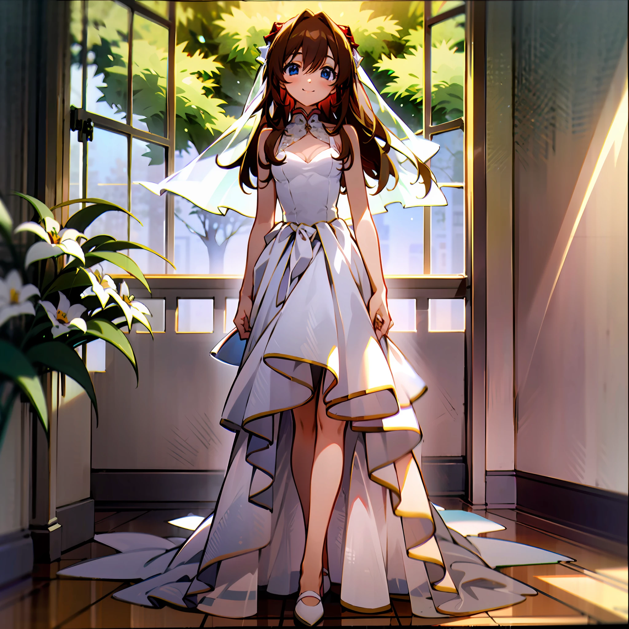 ((best qualtiy))，((tmasterpiece))，(Detail 1.4)，asuka，Hyper-Resolution，8K，fresh flowers，Holding flowers，rays of sunshine，lots of brightness，Warm color 1.2，The camera is located below the character，Wedding dress 0.6，facing at camera，blue color eyes，Small eyes，1个Giant Breast Girl，ssmile，0 in front of the window.8，the sun shines through the window，Wearing a plain white wedding dress，lace decorations，face to the viewer，Long brown hair，人物，standing on your feet，inside in room，light and shadow effect，