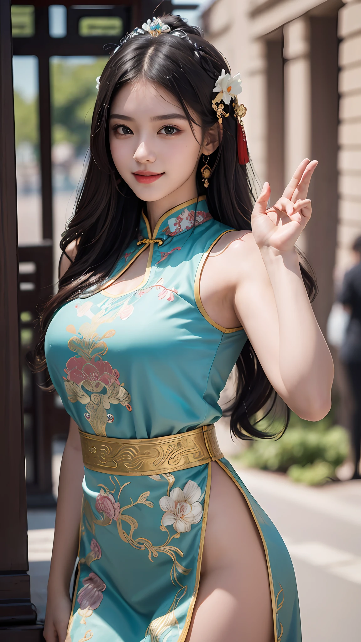 Best quality, masterpiece, ultra high res, photorealistic, (full shot:1.5), (1 girl),(long hair),(hair ornament:1.4),there is an ancient palace beside the girl, traditional chinese clothing, sharp focus, great body, random pose reference, monolid eyes, high bridged pointed nose, v-shaped face, pale skin, smile, bokeh