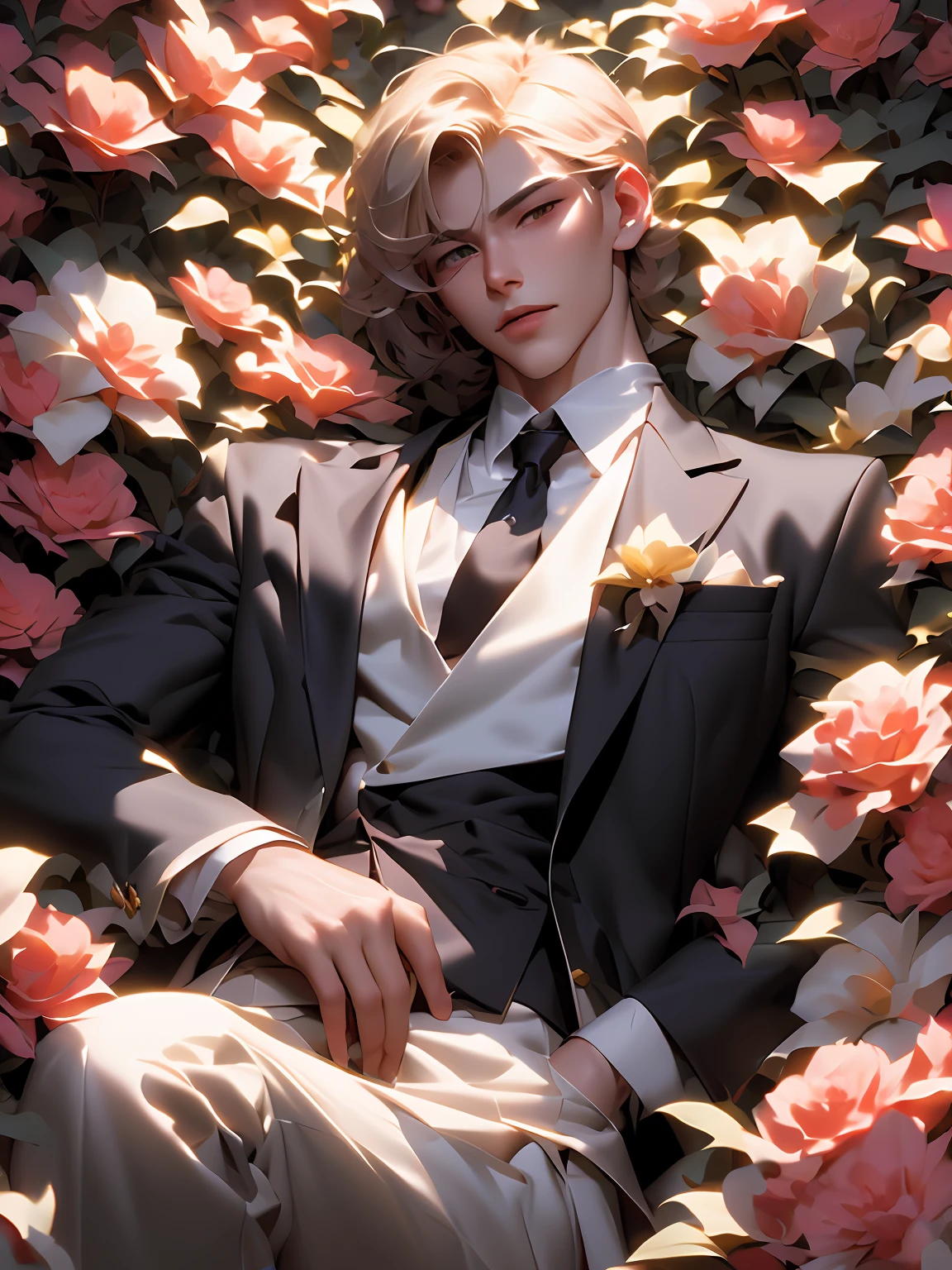 blond haired man in a suit and tie laying on a bed of flowers, beautiful androgynous prince, delicate androgynous prince, inspired by Yanjun Cheng, 🌺 cgsociety, handsome anime pose, handsome guy in demon slayer art, artwork in the style of guweiz, digital art of an elegant, highly detailed exquisite fanart, the flower prince,masterpiece, best quality, (extremely detailed CG unity 8k wallpaper), (best quality), (best illustration), (best shadow), absurdres, realistic lighting, (Abyss), beautiful detailed glow