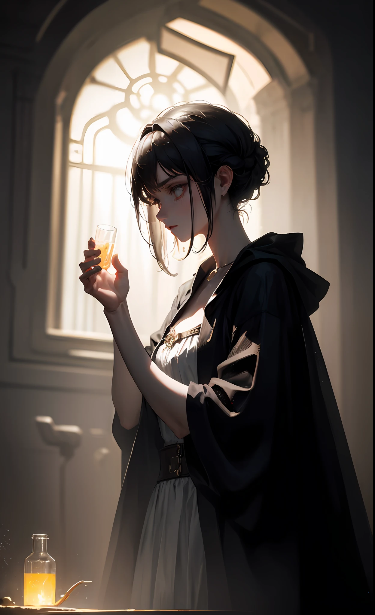 masterpiece, best quality, mixing potions, dark moody lighting, glow, glowing, mysterious, mystical, magical, rim lighting