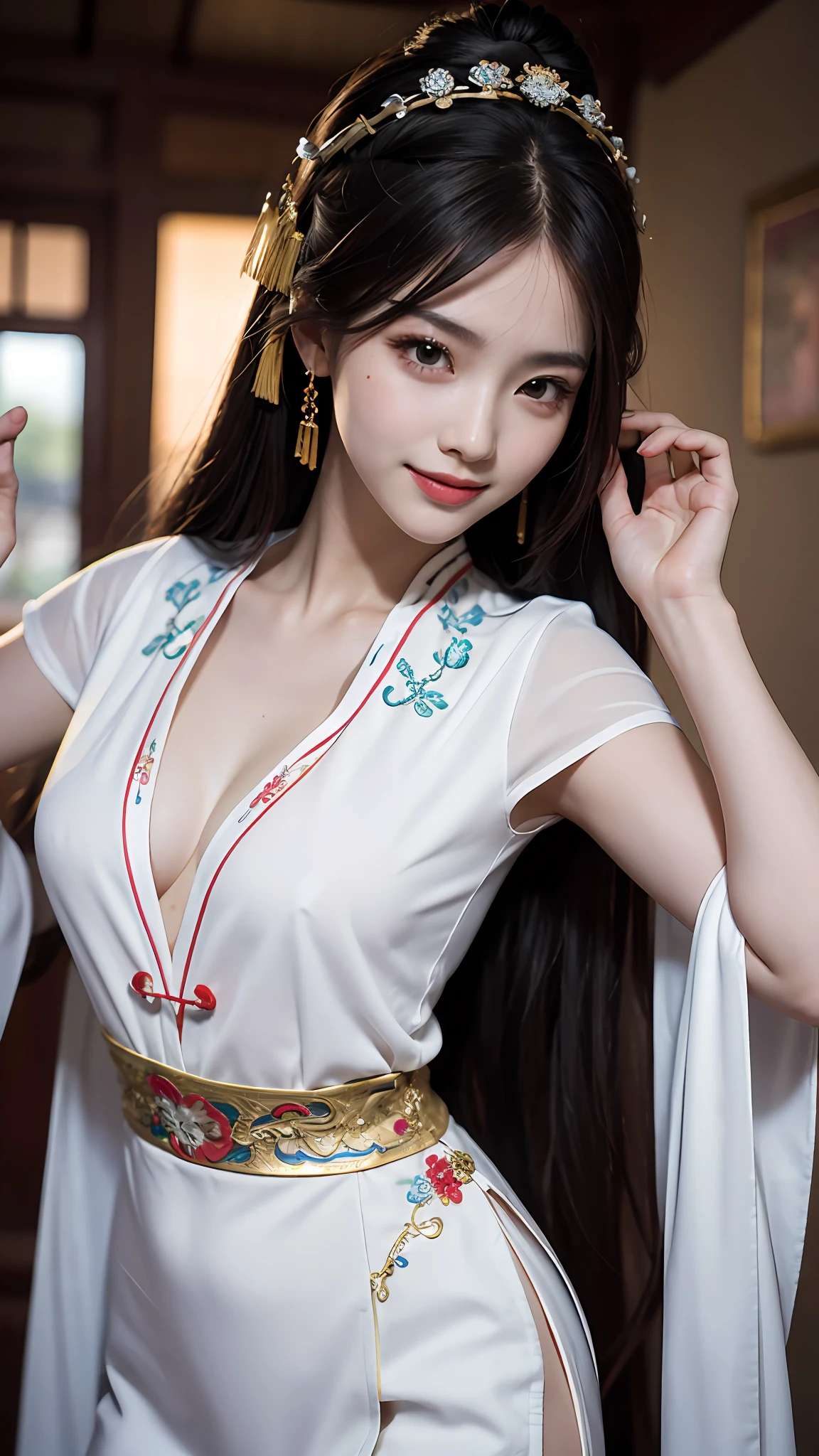 Best quality, masterpiece, ultra high res, photorealistic, (full shot:1.5), (1 girl),(long hair),(hair ornament:1.4),there is an ancient palace beside the girl, traditional chinese clothing, sharp focus, great body, random pose reference, monolid eyes, high bridged pointed nose, v-shaped face, pale skin, smile, bokeh