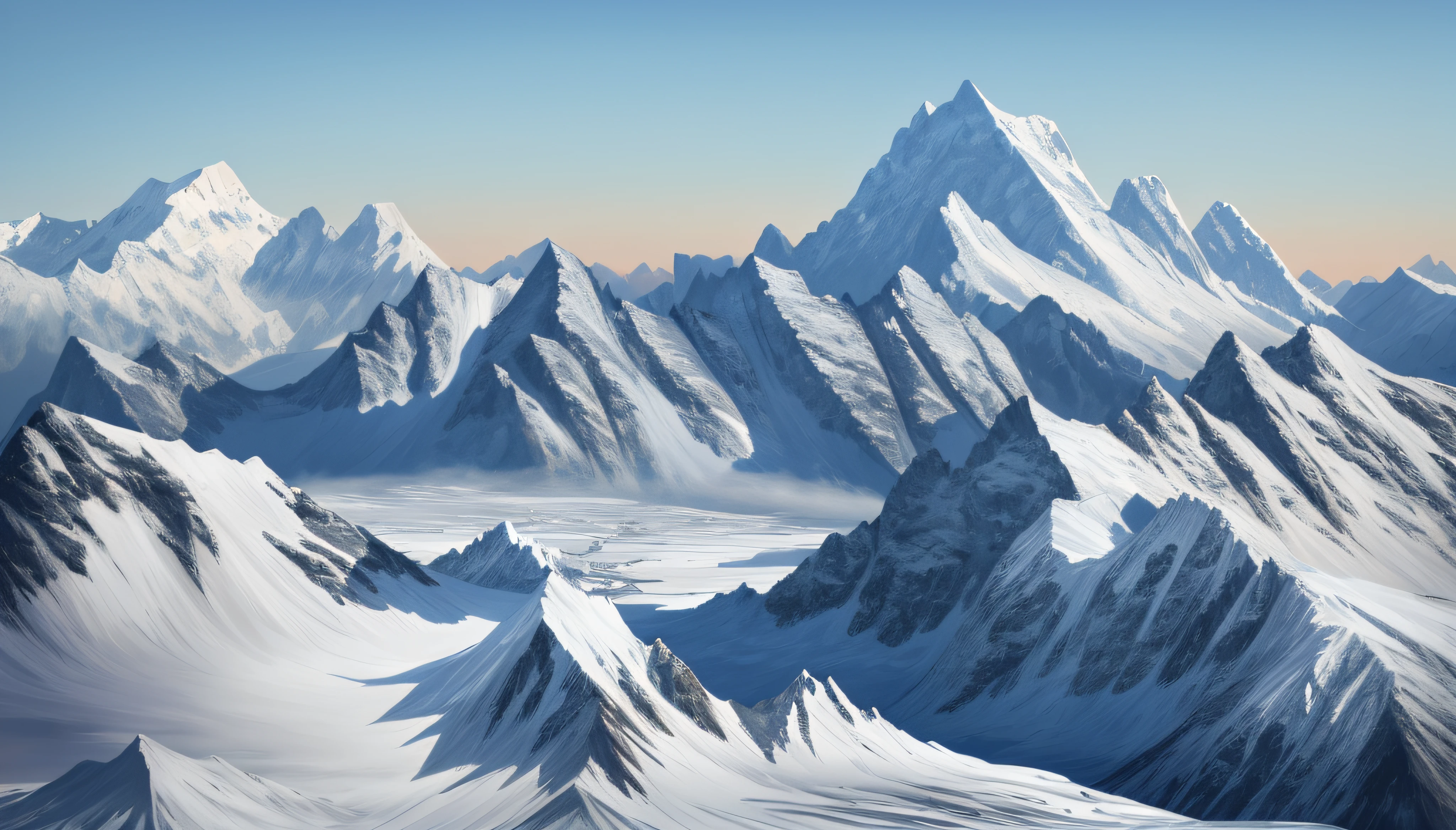 Snow-covered peaks，overcast day， snowy mountain landscape，Frozen，glacier，ice cubes，game background，high qulity，tmasterpiece，