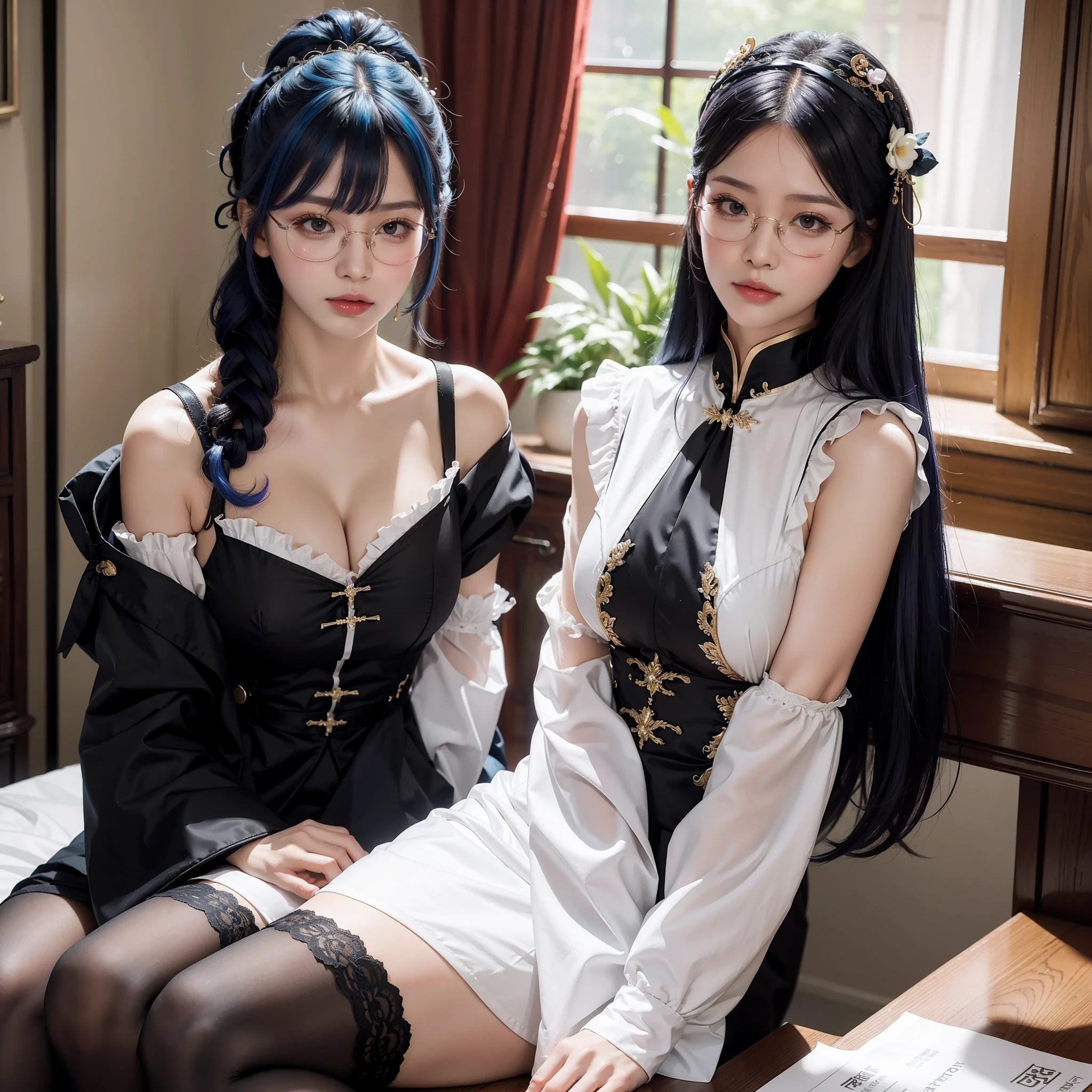 Madame breasts, Rimless glasses, Court dress, Superb stockings, Realistic solo, Colored inner hair, hair pin, Hair ribbon, Raised eyebrows, Shy, Bloom East Asian upper body realistic superlative