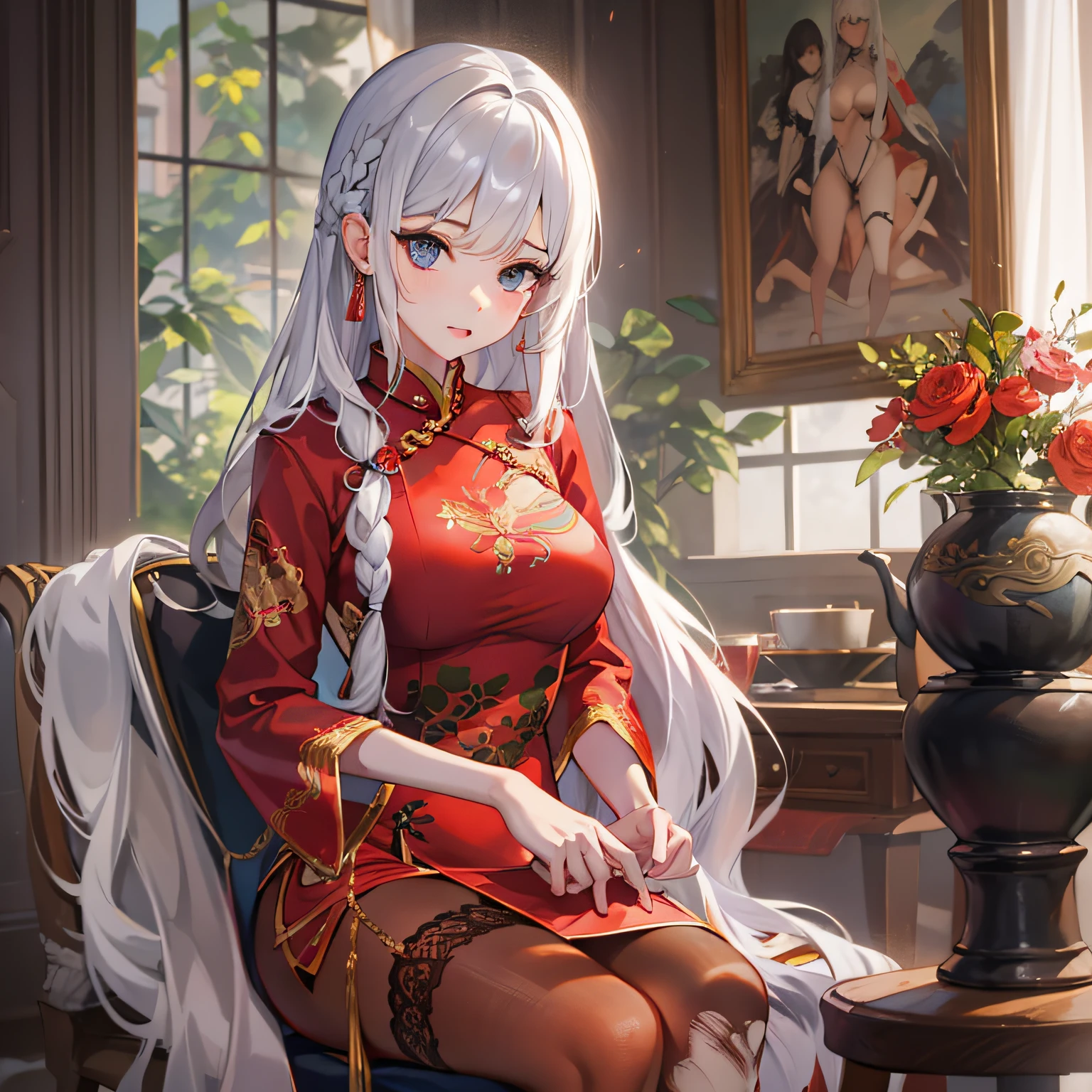 Red cheongsam，Twenty-year-old royal sister with white hair，long braid，Be red in the face，Jumpy，huge tit，Cocked buttocks，lying on the table，ripped apart，black lence stockings