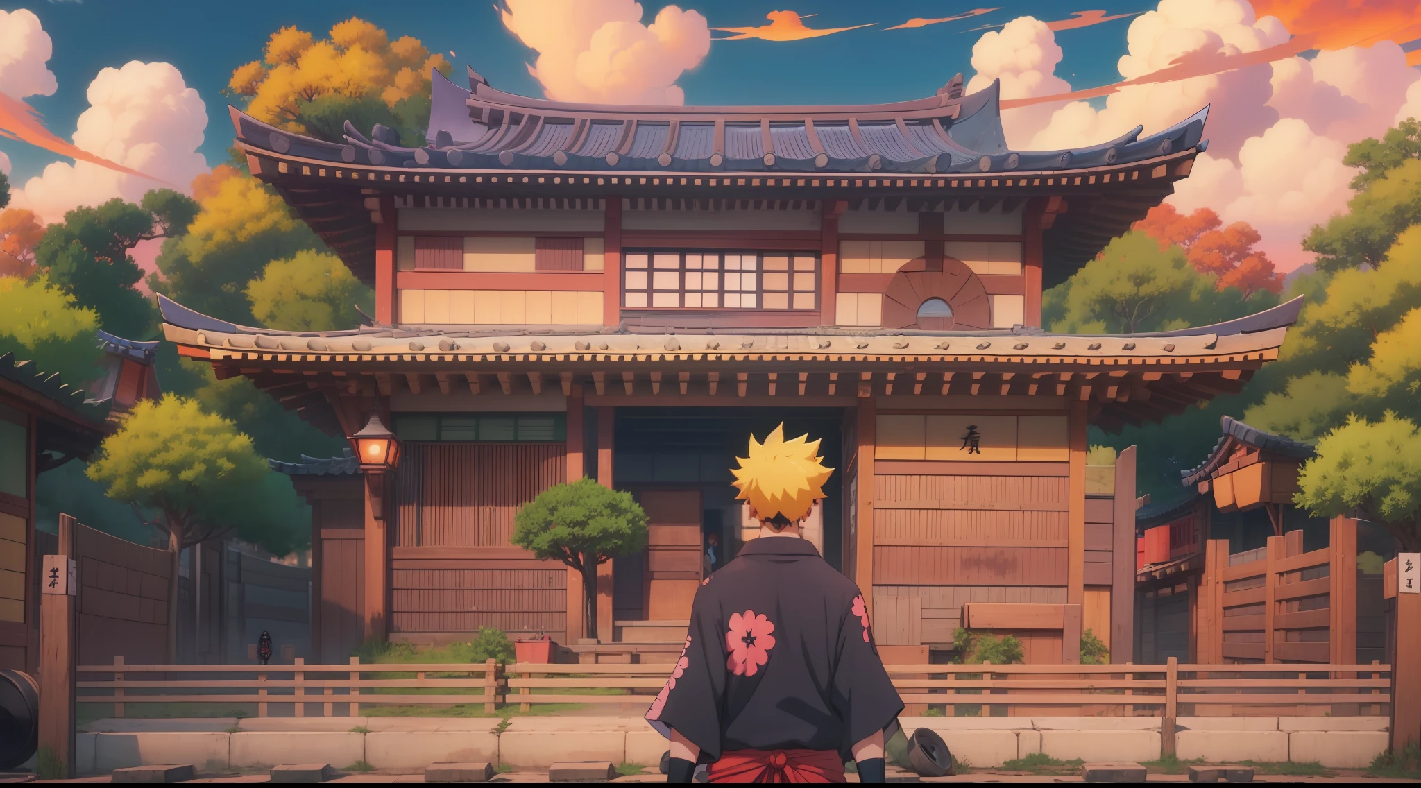 (melhor qualidade, masterpiece), Naruto Dash Style, estilo de paisagem estilo Tokyo Revengers, A countryside setting with beautiful and detailed sunsets, sem pessoas ou humanos.