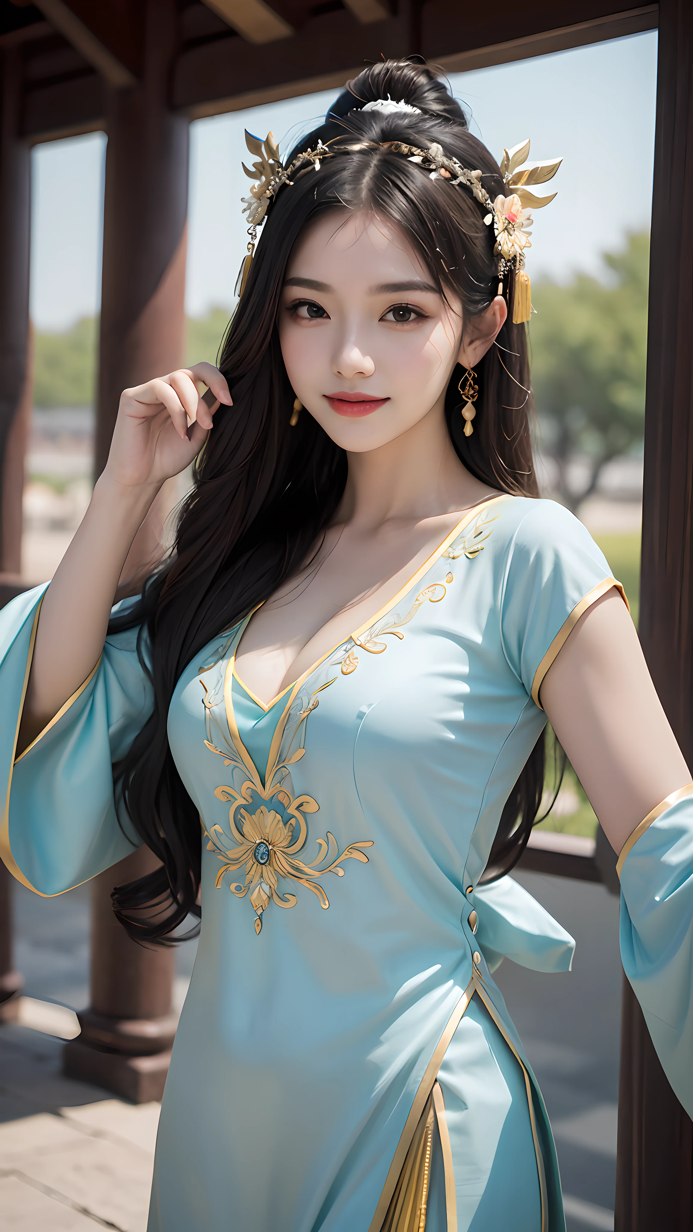 Best quality, masterpiece, ultra high res, photorealistic, (full shot:1.5), (1 girl),(long hair),(hair ornament:1.4),there is an ancient palace beside the girl,chinese clothes, sharp focus, great body, random pose reference, monolid eyes, high bridged pointed nose, v-shaped face, pale skin, smile, bokeh