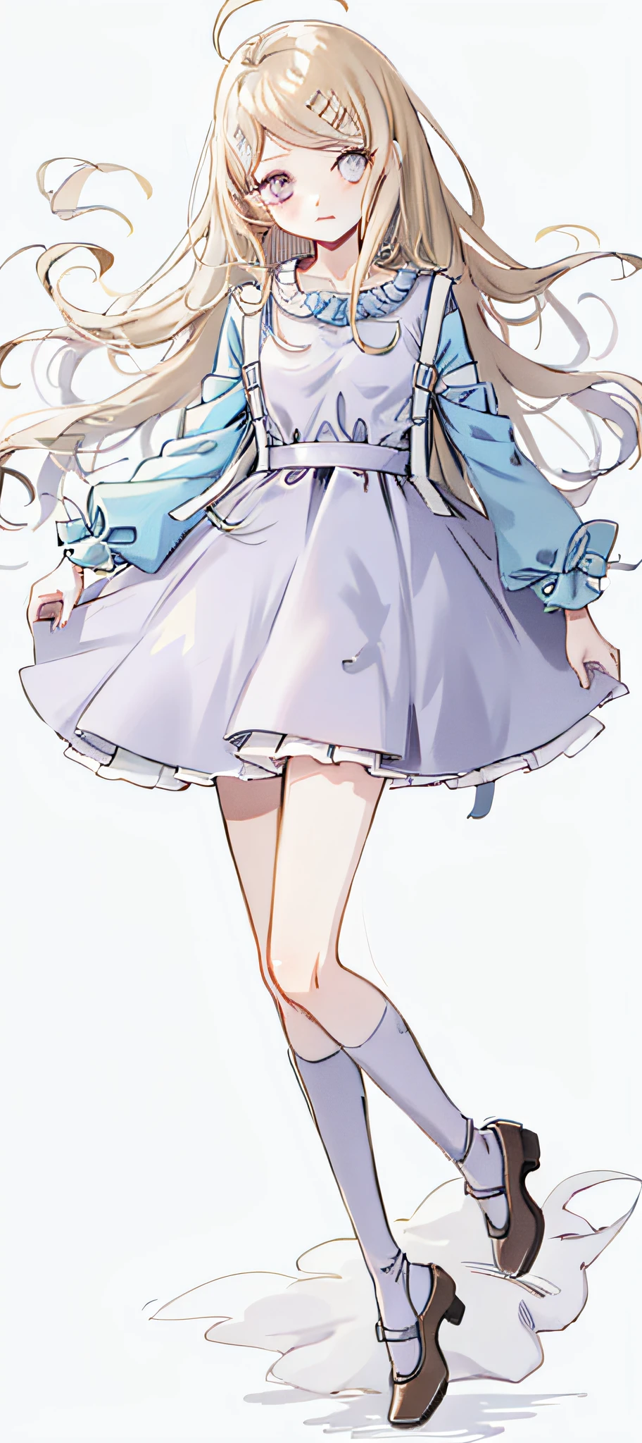 long  white hair，Anime **** with blue eyes in dress，Small curves，cute clothing，Lovely visuals，Soft illustration，detailed meticulous，Nice design，Young and moving image，Endearing，Gentle and gentle，Anime characters。