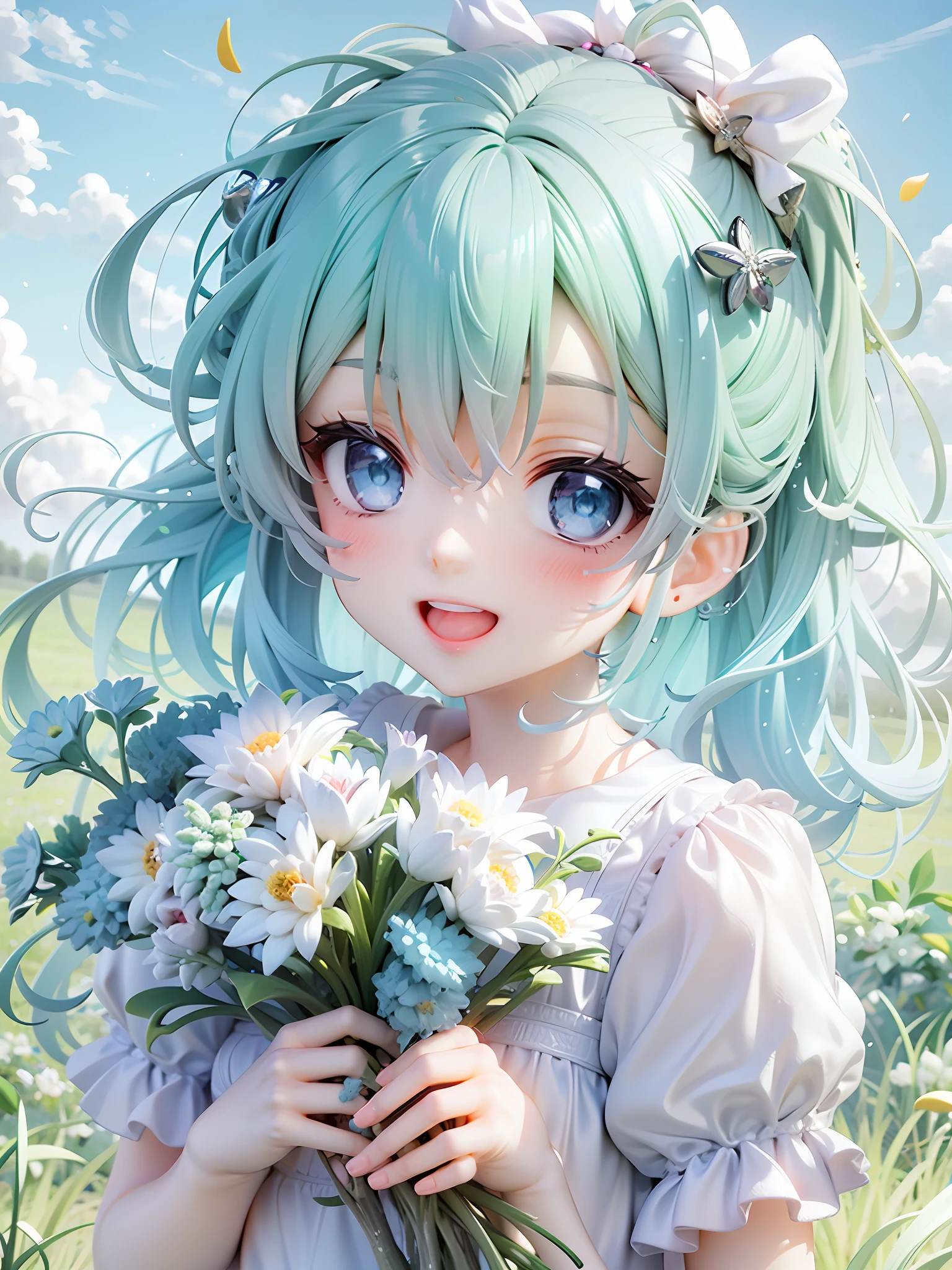 1girl, light blue hair, ponytail, light blue eyes, beautiful eyes, smile, happy, white dress, bouquet, holding with both hands, upper body, on grassland, blue sky