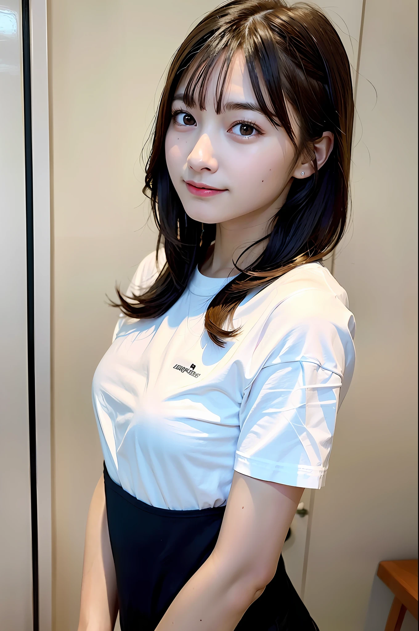 High Quality, High Resolution, (Photorealistic: 1.4), 1 Girl, (Black Hair: 1), (Small : 1.6), Close-up, Inside the Room, White Short Sleeved Shirt, (T-Shirt: 1.3)