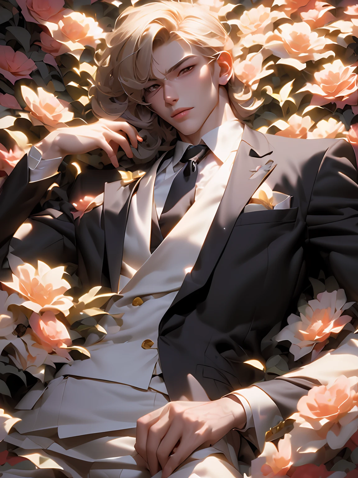 blond haired man in a suit and tie laying on a bed of flowers, beautiful androgynous prince, delicate androgynous prince, inspired by Yanjun Cheng, 🌺 cgsociety, handsome anime pose, handsome guy in demon slayer art, artwork in the style of guweiz, digital art of an elegant, highly detailed exquisite fanart, the flower prince,masterpiece, best quality, (extremely detailed CG unity 8k wallpaper), (best quality), (best illustration), (best shadow), absurdres, realistic lighting, (Abyss), beautiful detailed glow