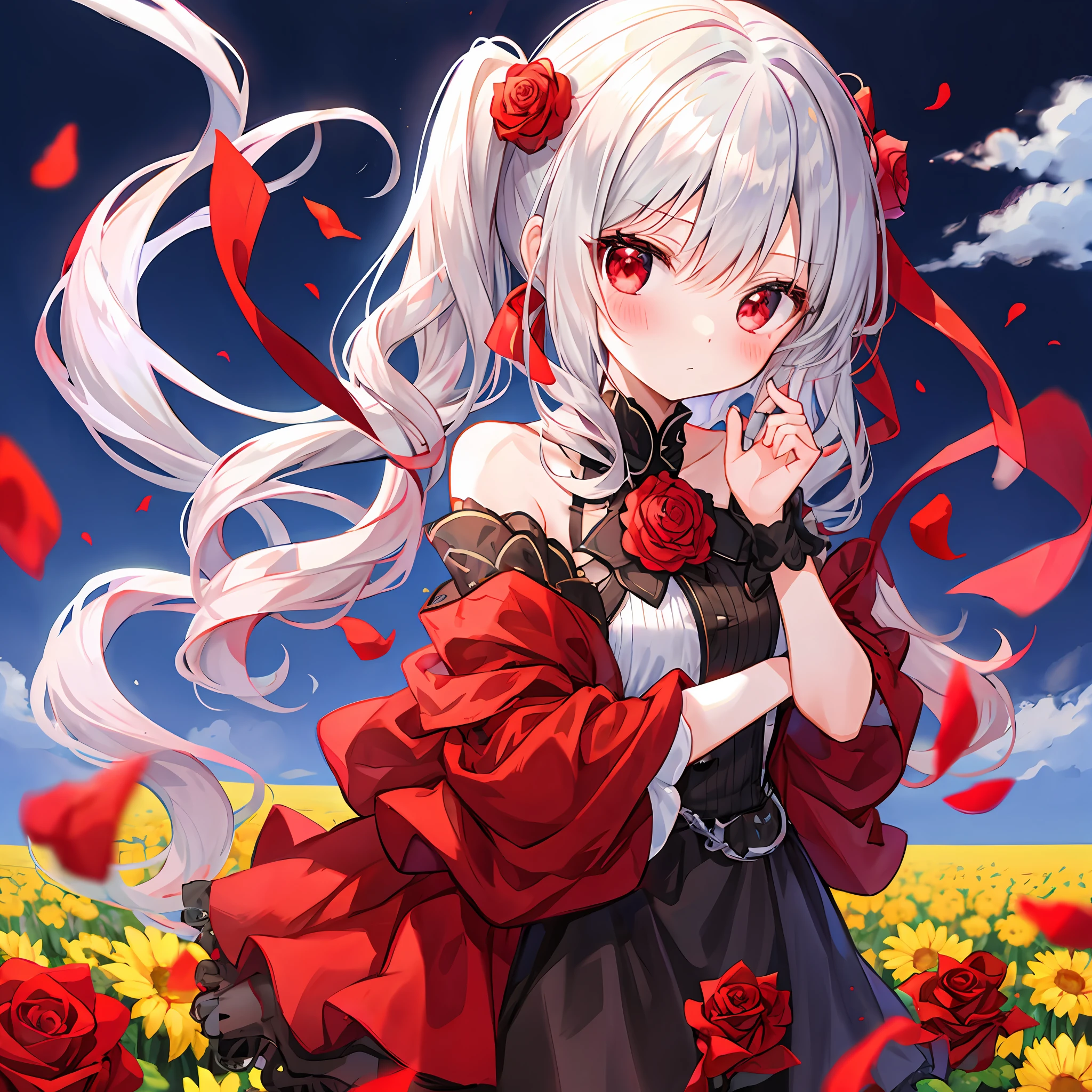 red blush、hair wavy、poneyTail、silber hair、red eyes、doress、off shoulders、Beautiful girl alone、animesque、独奏、Rose field