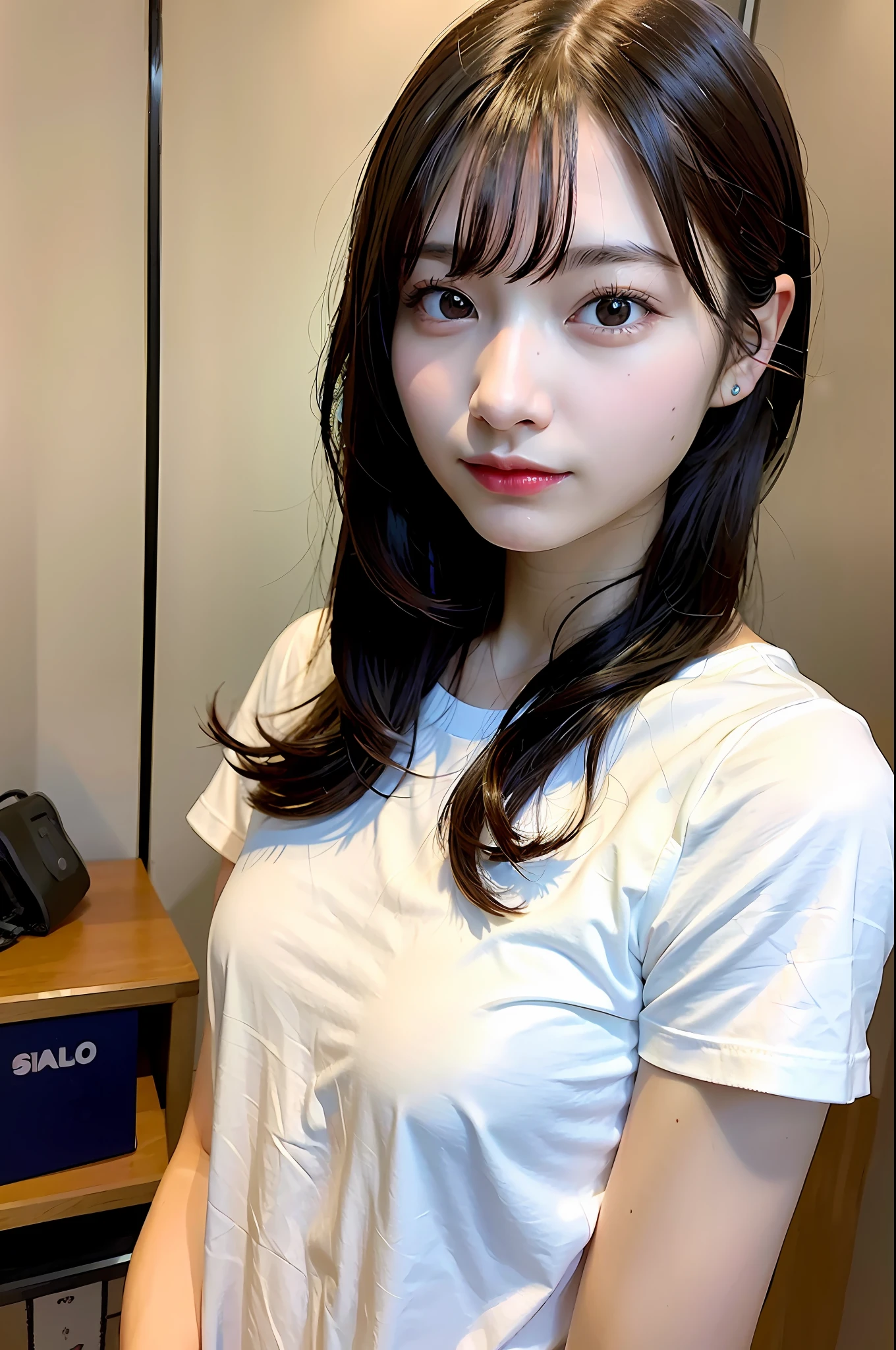 High Quality, High Resolution, (Photorealistic: 1.4), 1 Girl, (Black Hair: 1), (Small Breasts: 1.6), Close-up, Inside the Room, White Short Sleeved Shirt, (T-Shirt: 1.3)