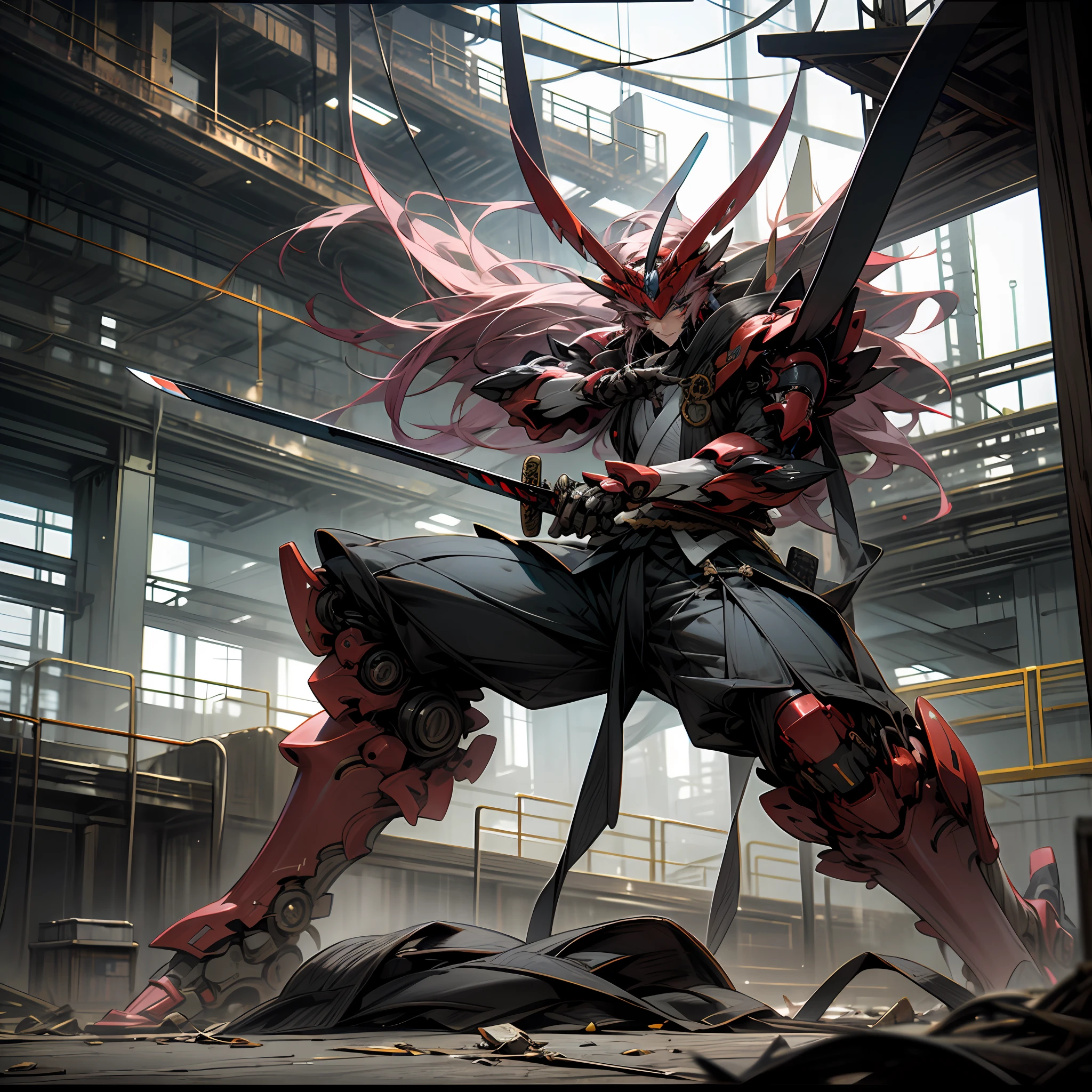 "Masterfully created artwork depicting a samurai mecha with four arms confidently wielding a katana in a dynamic battle stance, showcasing impressive kenjutsu skills. The scene is set in an industrial setting with the backdrop of a picturesque sunrise."