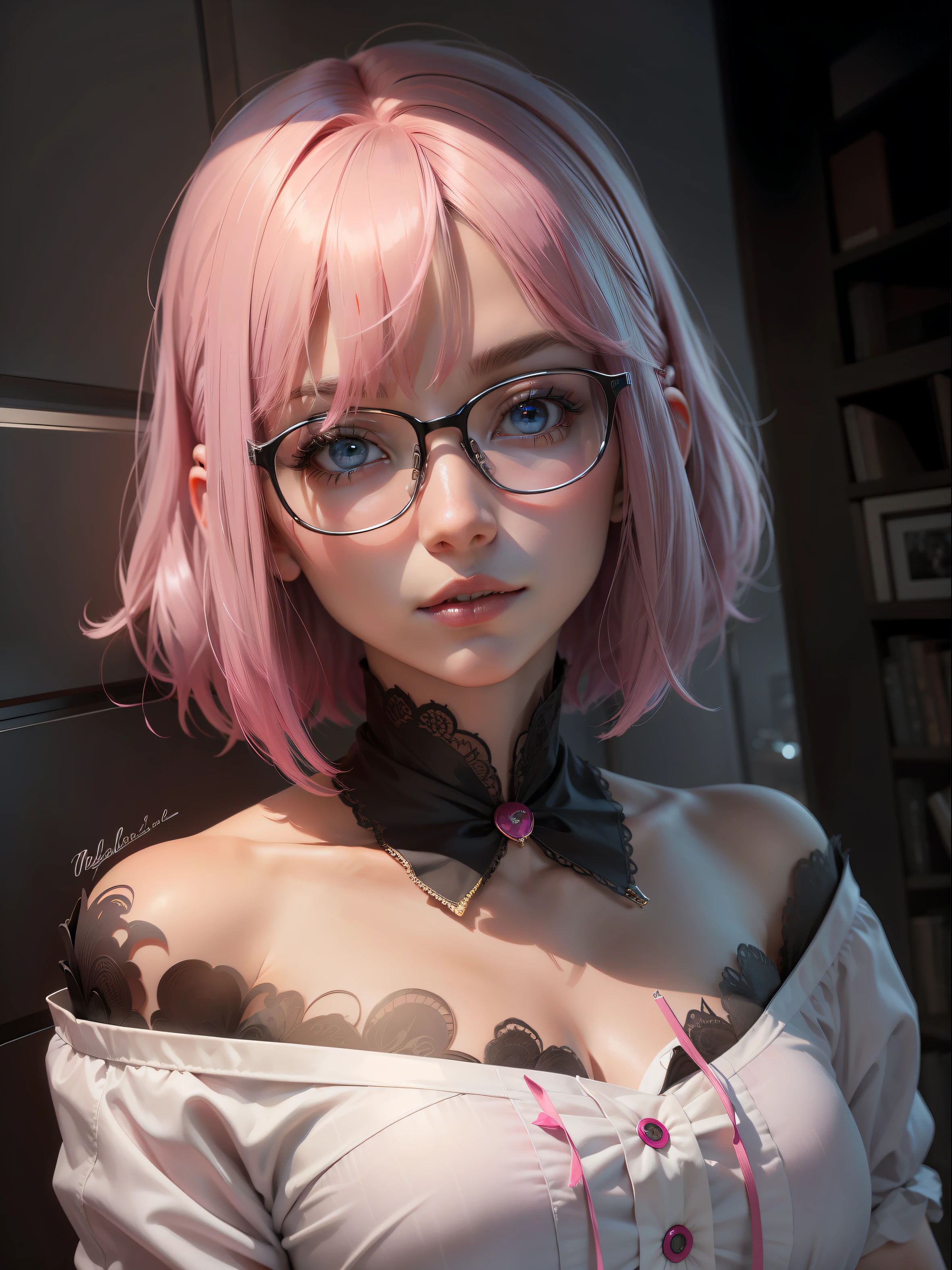 tmasterpiece, Best quality at best, HighestQuali, The best work, Master artist, (Hair over eyes:1.3), (No eyes:1.3), Pink hair, eBlue eyes, Bob cut,wears glasses,exteriors --auto