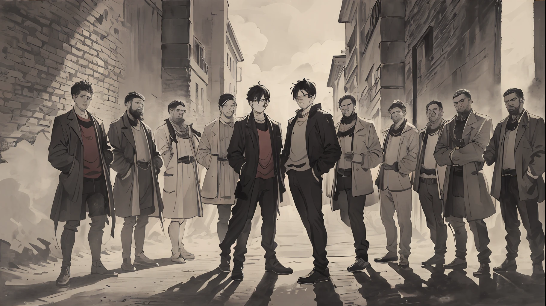 "A group portrait of confident individuals with distinct personalities, standing in front of a textured brick wall, exuding an edgy and cool vibe, illuminated by dramatic rim lighting, showcasing intricate details."