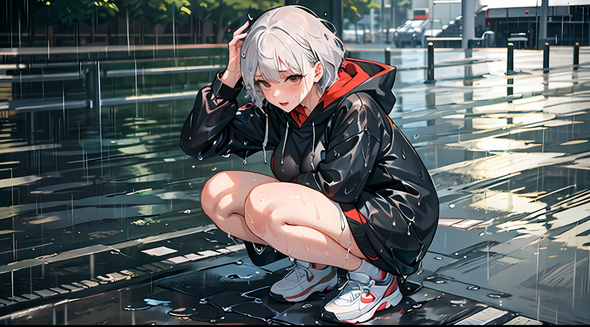 1 beautiful tomboy girl with big breast short hair Ted white hair, white sport Hoodie,red aport pants,wet,(chlotes wet:1.7),real rain background on the park, squat pose,black sneakers with white line