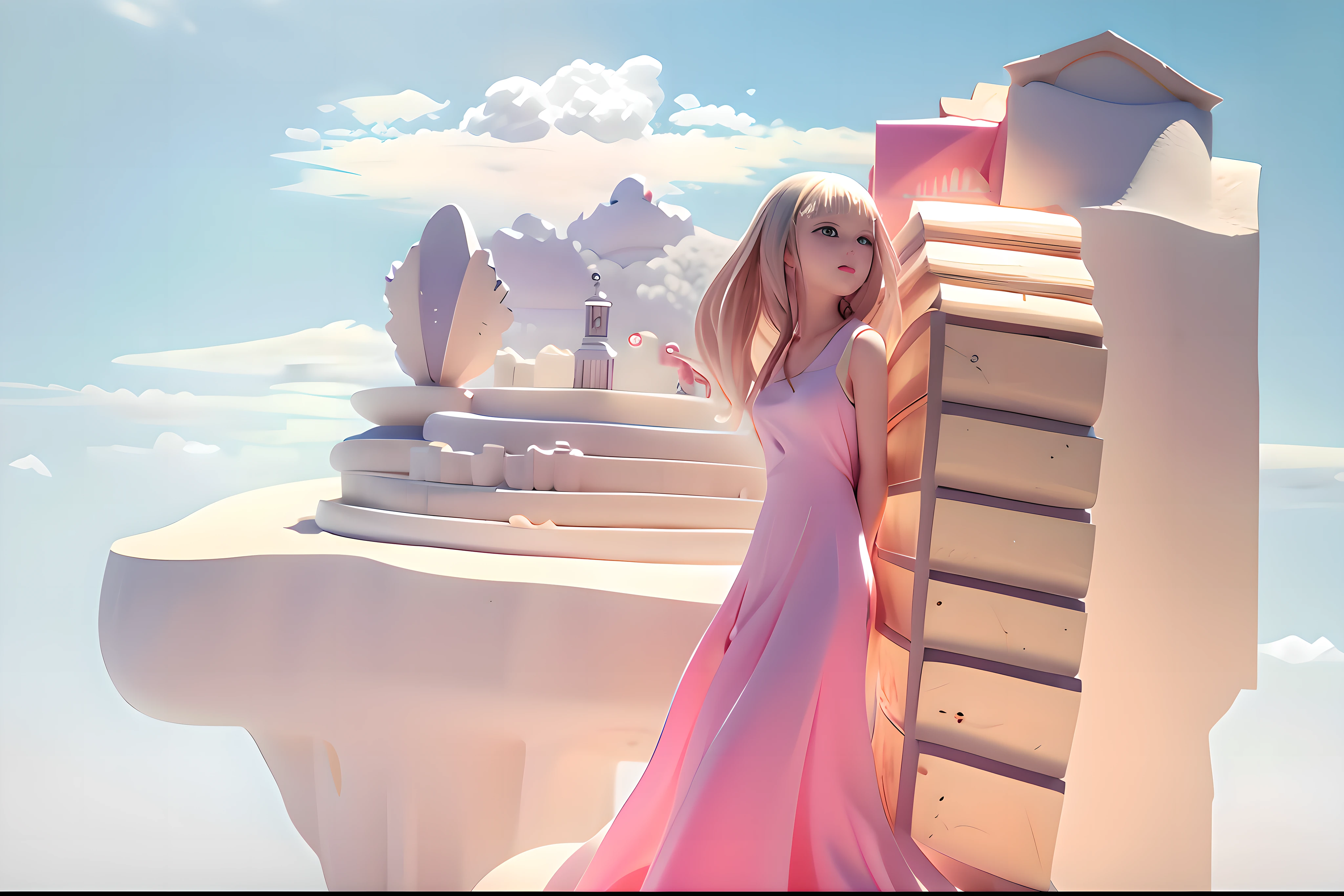 By the fence stood a woman in a long pink dress。, loli in dress, Wearing a long dress, wearing flowing dress, in an anime style, In anime style, colored screentone, girl in a dress, standing near a castle, drawn in anime painter studio, In the countryside, inspired by Yuki Ogura, An anime girl, speedpaint,surrealism, neo-classical, Cinematic lighting, Depth of field, hyper HD, 16k, Textured skin, Super detail