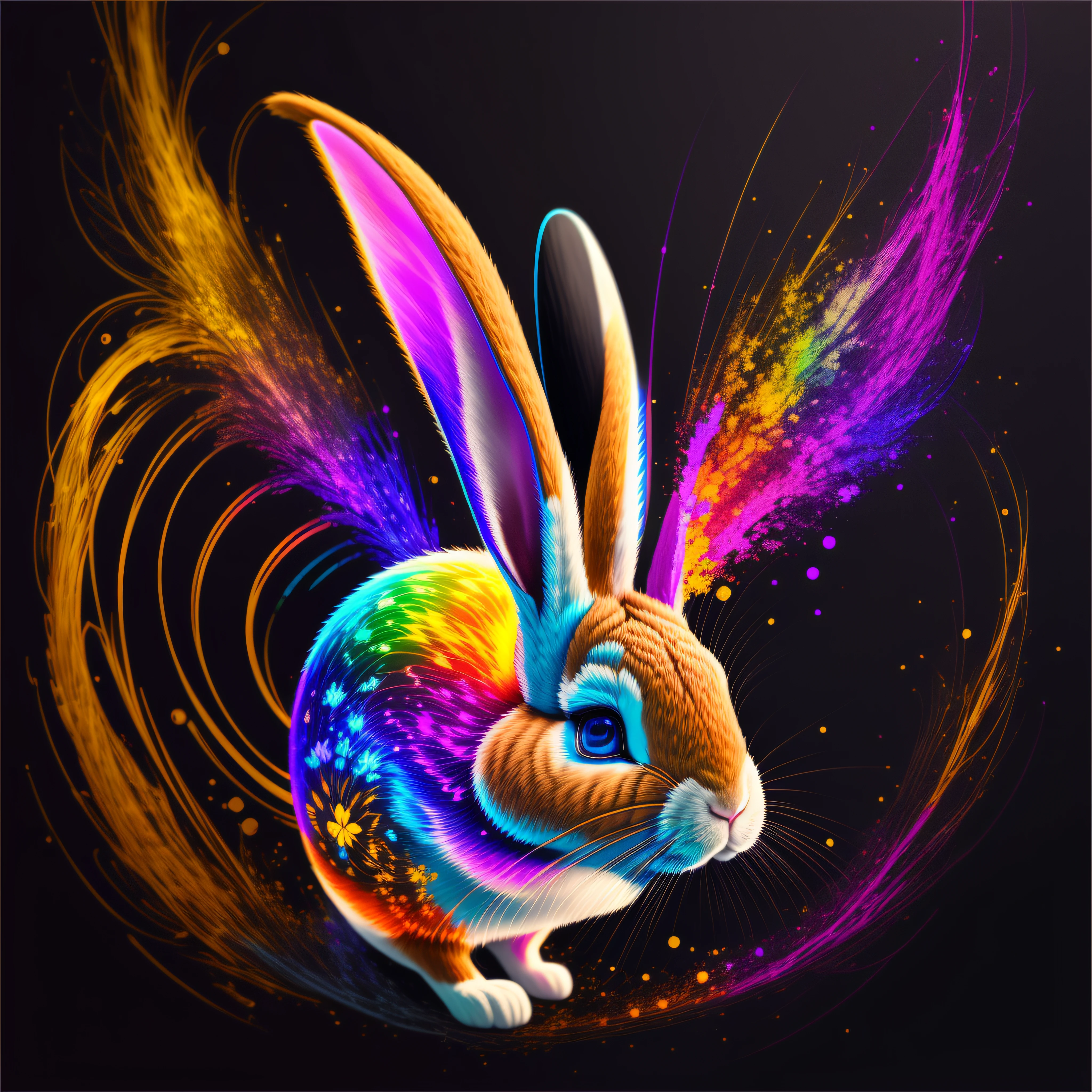 A painting of a colorful rabbit on a black background,breathtaking rendering, dans une connexion rayonnante, inspired by Kinuko Y. Craft,, Magical elements, rabbit icon, wow, est magnifique, lancer un sort multicolore, flash lumineux, flash, Canon, Fujifilm, motion lines, 8k, ccurate, best quality, award winning, high details