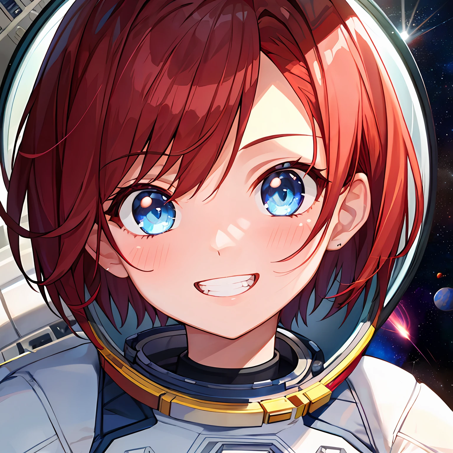 masterpiece, best quality, 1 girl, female focus, red hair, short hair, blue eyes, wide eyes, happy expression, smile, teeth, ((spacesuit)), waist up, close up face