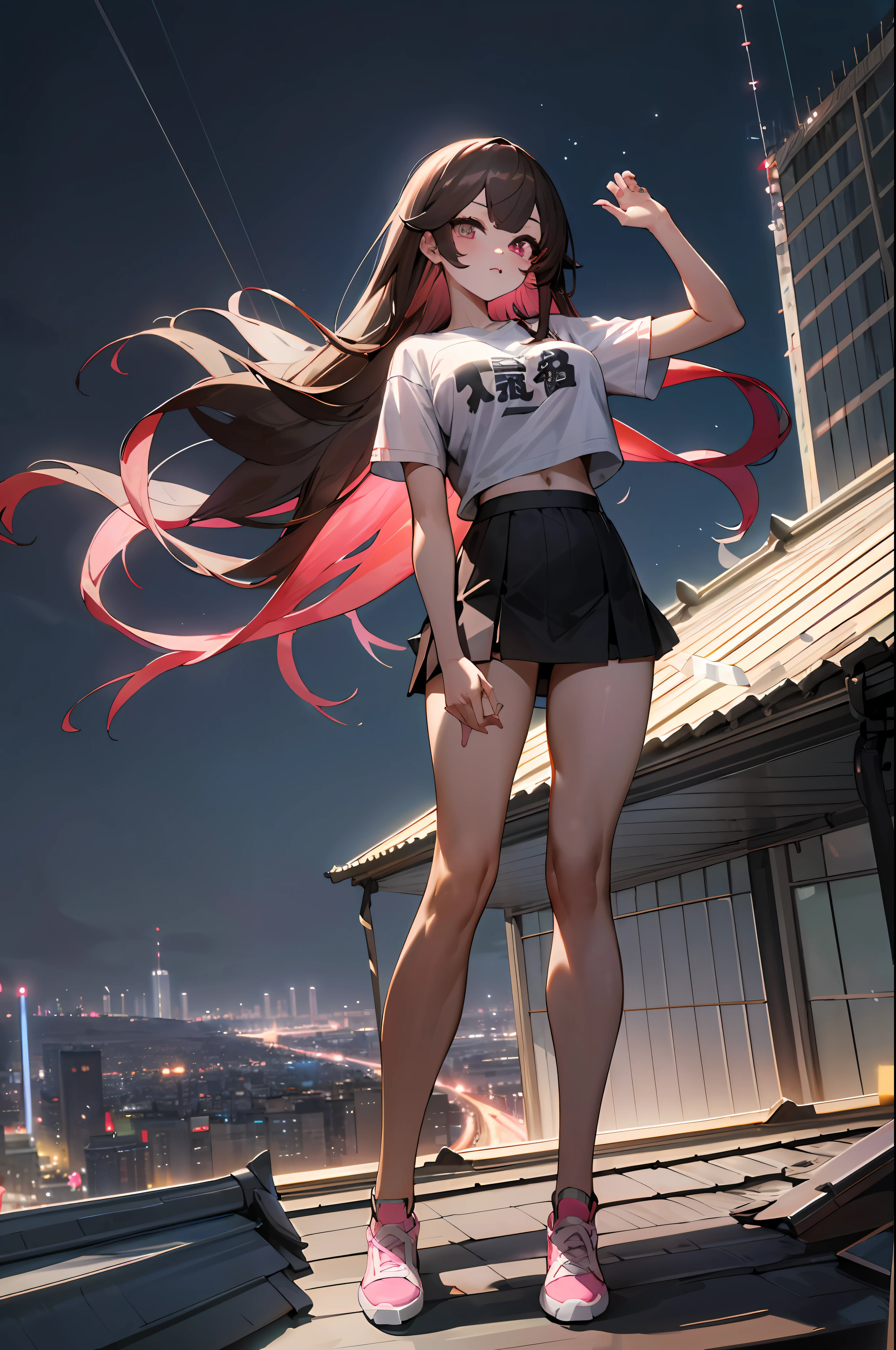 ((midynight, Need, 8K, tmasterpiece:1.3)), full bodyesbian, Long legs, Focalors:1.2, perfect figure beautiful woman:1.4, Slim abs:1.1, ((Dark brown hair, huge tit:1.2 )), (white tight t-shirt, JK skirt, standing on your feet:1.2), ((city night scene, the roof:1.3)), Highly detailed facial and skin texture, A detailed eye, 二重まぶた，Pink Long Hair，Raised sexy，adolable，Pure，quadratic element