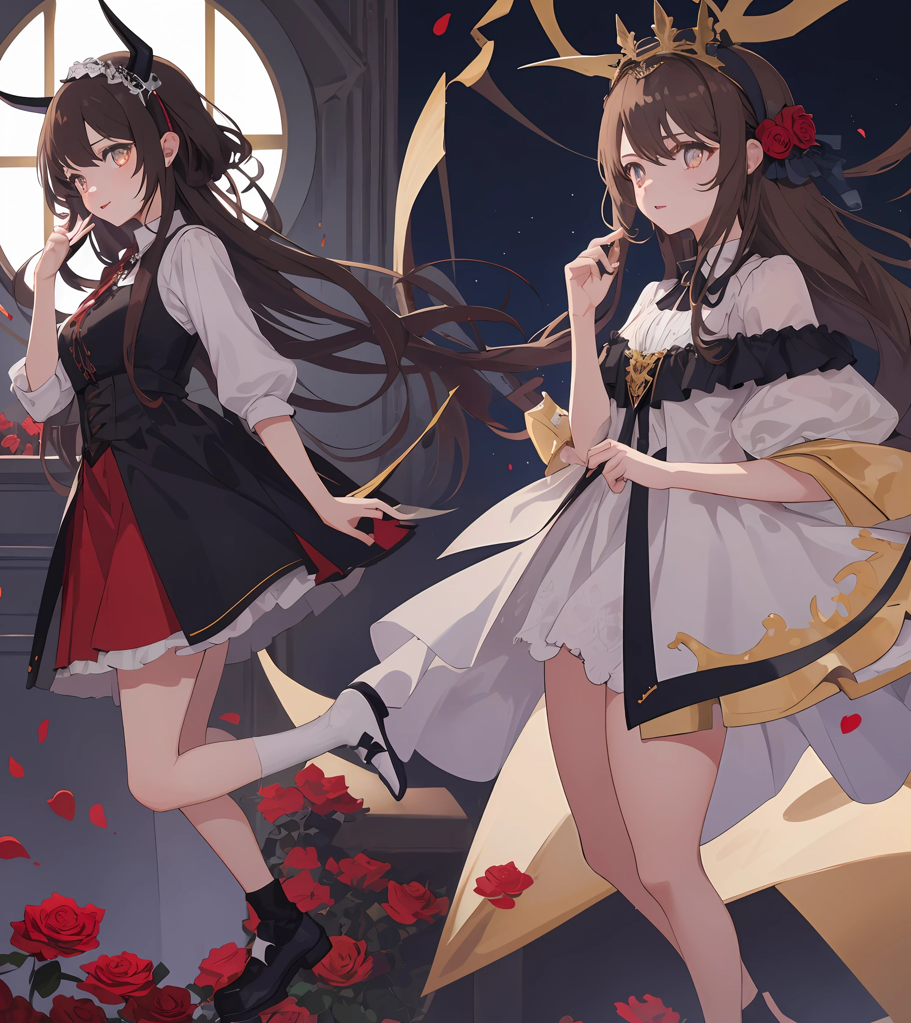 Masterpiece quality,The best quality assurance。A brown hair、Cute girl with golden eyes。She looks very arrogant,Wearing a short Gothic skirt,Exudes magic,With a rose headdress,English-style top,Long hair flutters in the wind,Playful and cute,devil horns