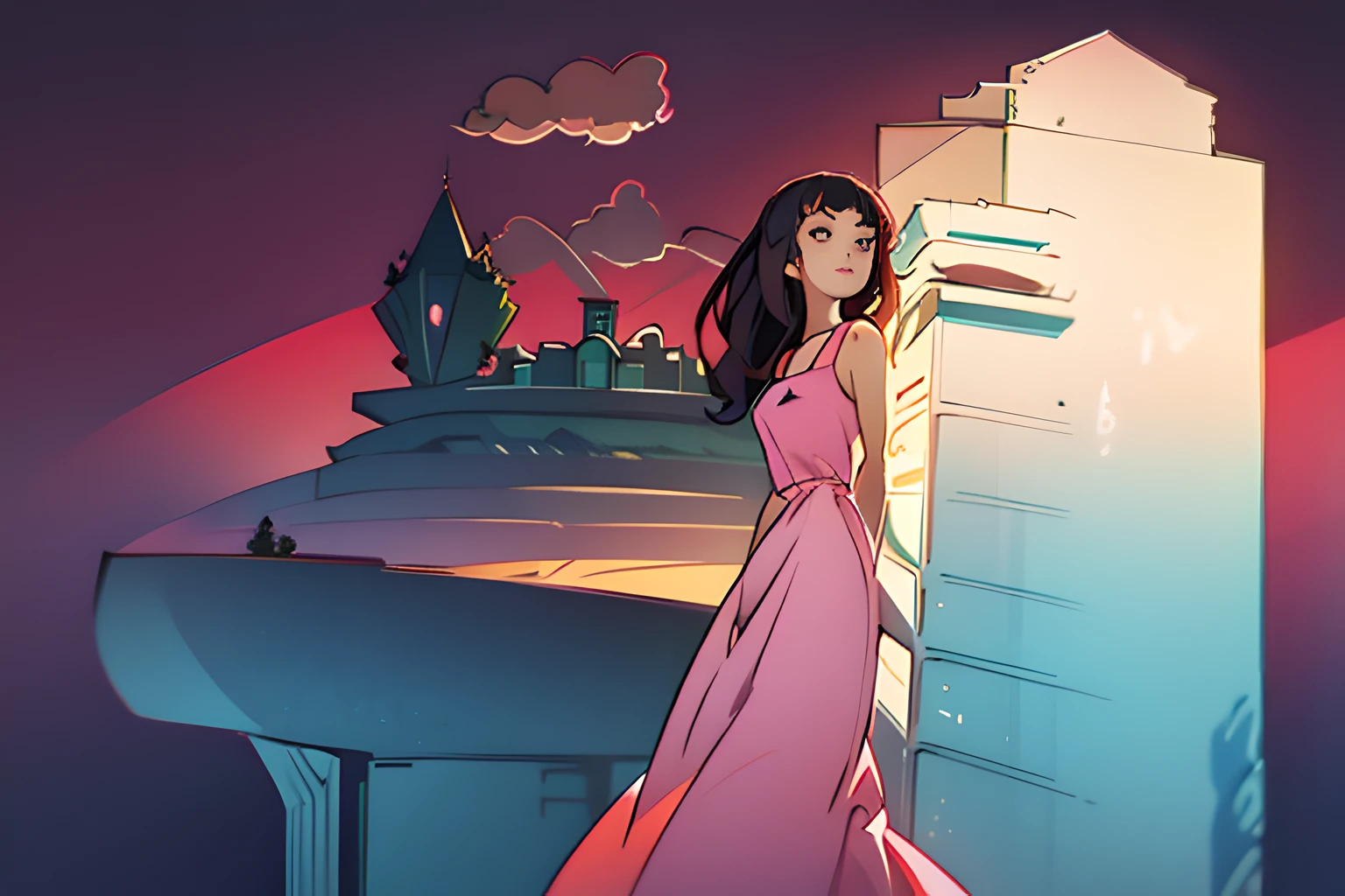By the fence stood a woman in a long pink dress。, loli in dress, Wearing a long dress, wearing flowing dress, in an anime style, In anime style, colored screentone, girl in a dress, standing near a castle, drawn in anime painter studio, In the countryside, inspired by Yuki Ogura, An anime girl, speedpaint,surrealism, neo-classical, Cinematic lighting, Depth of field, hyper HD, 16k, Textured skin, Super detail